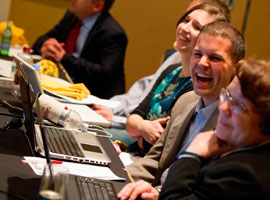 Participants enjoy a light moment at social media gathering prior to November USCCB meeting.