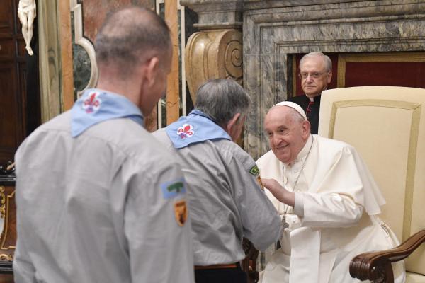 Pope Francis greets members of the Italian Catholic Movement of Adult Scouts.