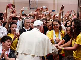 Pope Francis meeting with young people at the John Paul II Diocesan Youth Center in Sarajevo during his June 2015 visit to Bosnia-Herzegovina.  CNS Photo/Paul Haring