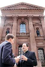 Auxiliary Bishop John J. McIntyre describes the Mass Pope Francis will celebrate at Outside the Cathedral Basilica of SS. Peter and Paul in Philadelphia. CNS Photo/Sarah Webb, CatholicPhilly.com