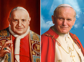 Blessed John XXIII and Blessed John Paul II.  John XXIII is depicted in a painting from a museum in his Italian birthplace. John Paul II is shown in a image of him by Polish photographer Grzegorz Galazka. (CNS)