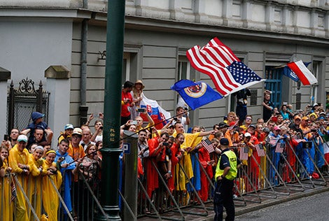 The U.S. flag is seen as pilgrims cheer as Pope Francis arrives on a tram for the World Youth Day welcoming ceremony in Blonia Park in Krakow, Poland, July 28. (CNS photo/Paul Haring) The U.S. flag is seen as pilgrims cheer as Pope Francis arrives on a tram for the World Youth Day welcoming ceremony in Blonia Park in Krakow, Poland, July 28. (CNS photo/Paul Haring)