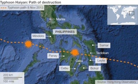 This map shows the destructive path of the November 2013 Typhoon Haiyan (Yolanda) that devastated parts of the Philippines. Map courtesy Hong Kong Observatory.