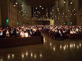 Our Lady of the Angels Cathedral is lit by candles as people gather for the Easter Vigil in Los Angeles March 30, 2013.  CNS photo/Victor Aleman, Vida Nueva