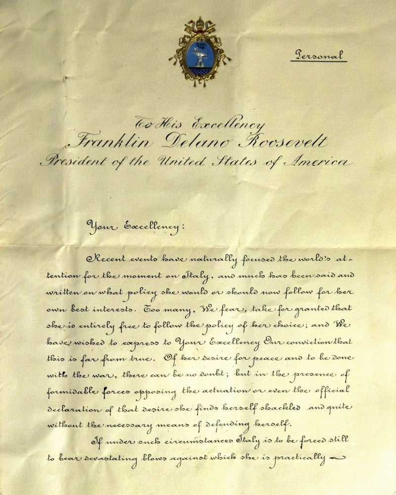 Letter written by Pope Pius XII to U.S. President Franklin D. Roosevelt.