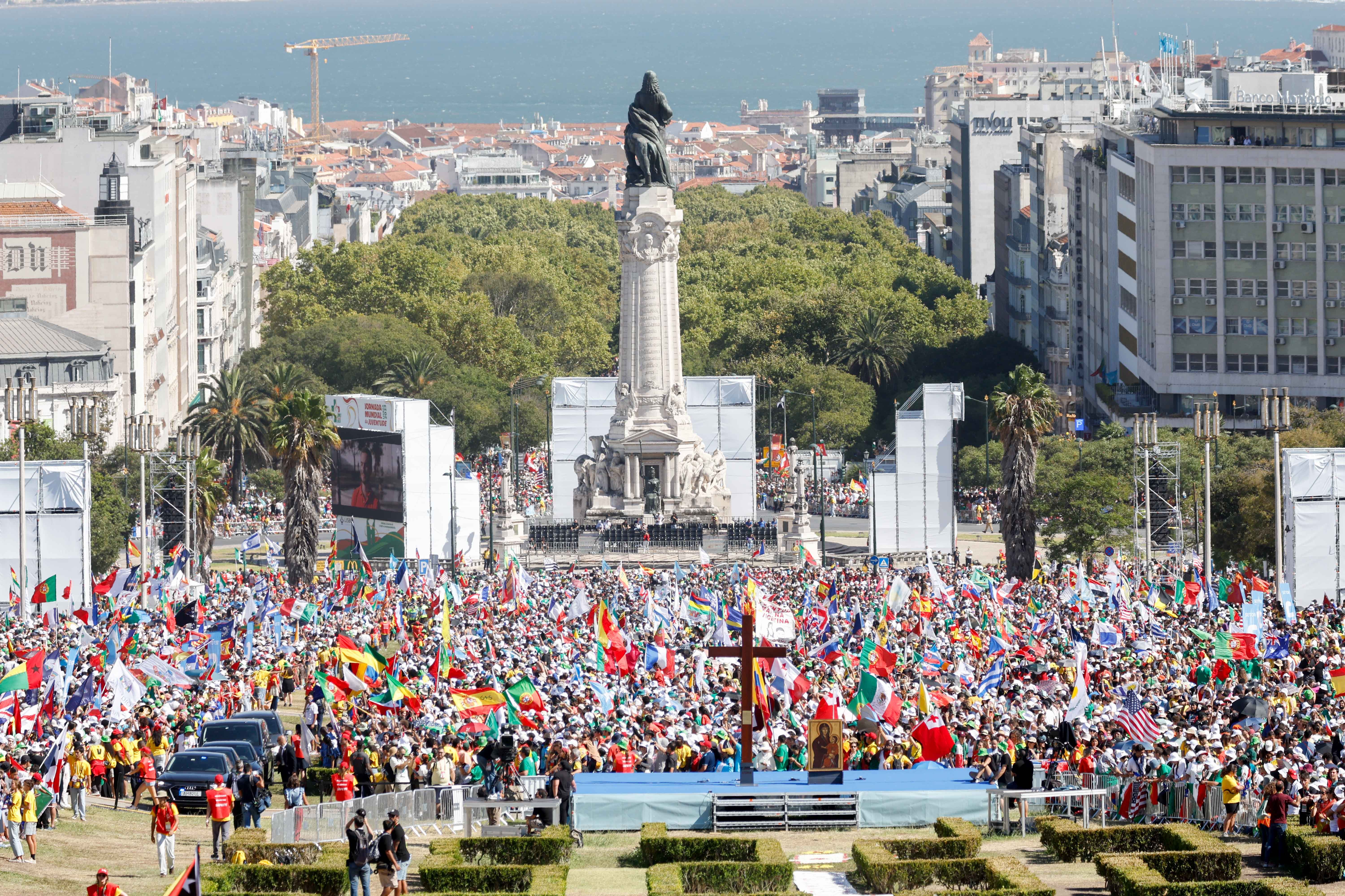 Crowd of young people at Eduardo VII Park in Lisbon, Portugal.