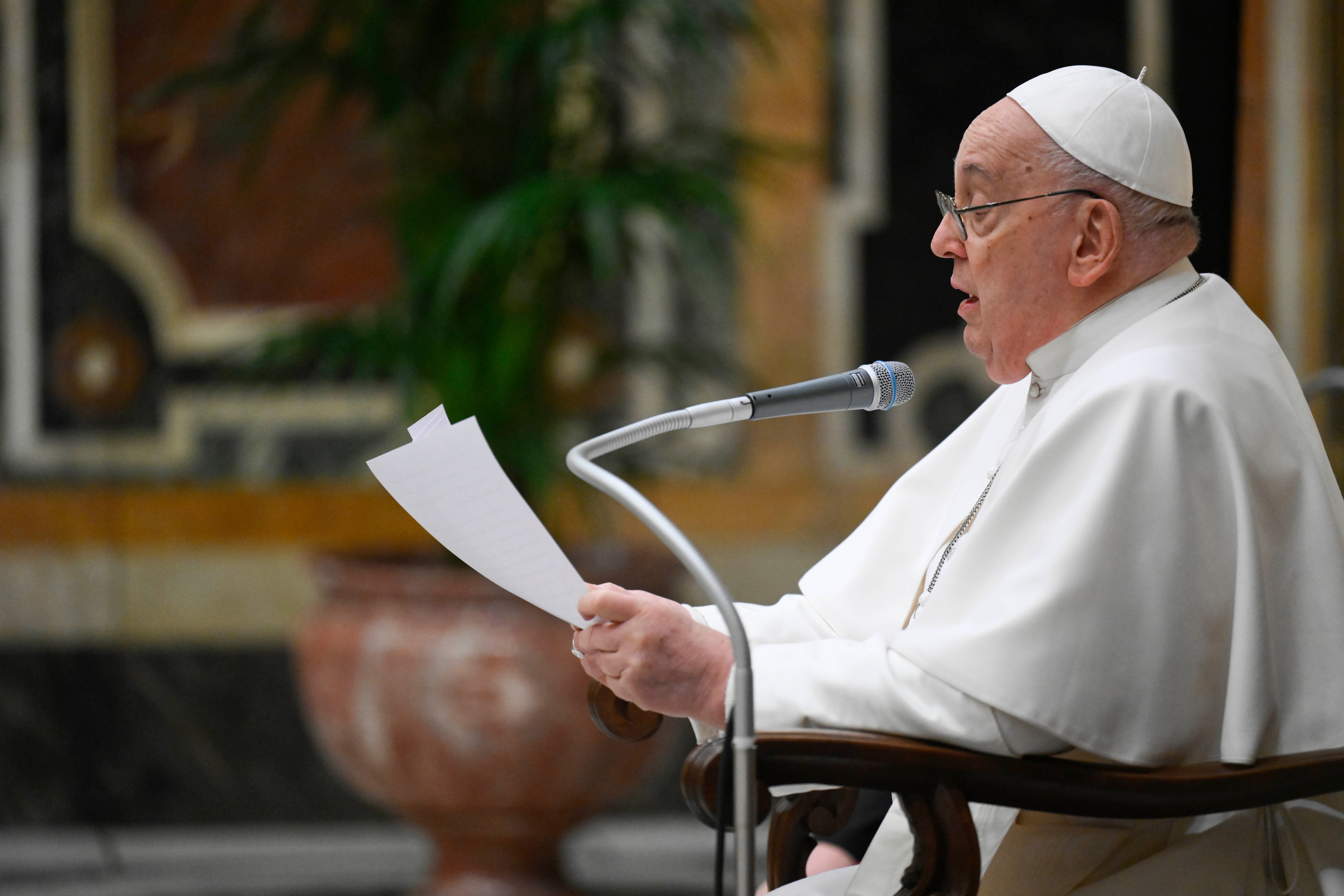 Pope Francis speaks.