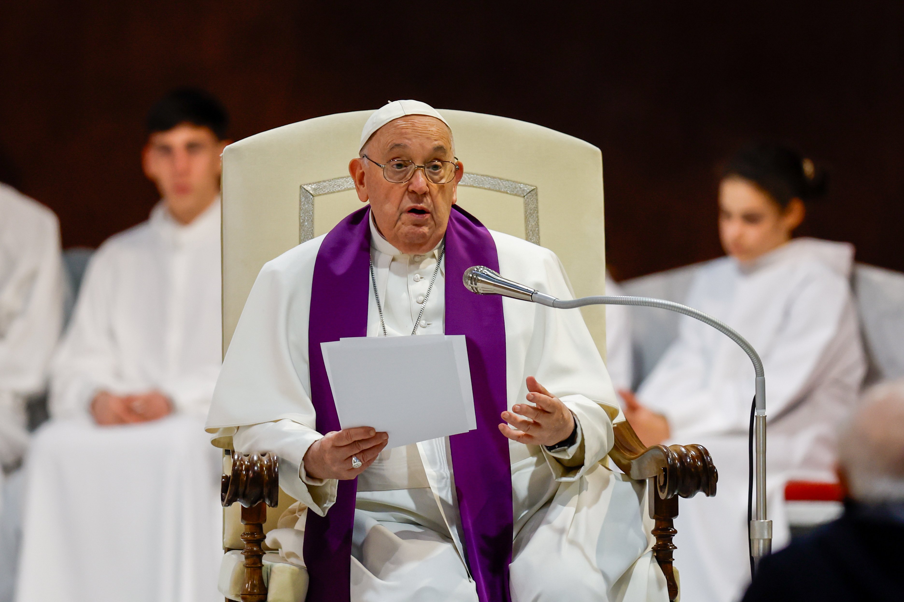 Pope Francis speaks at a Lenten penance service.