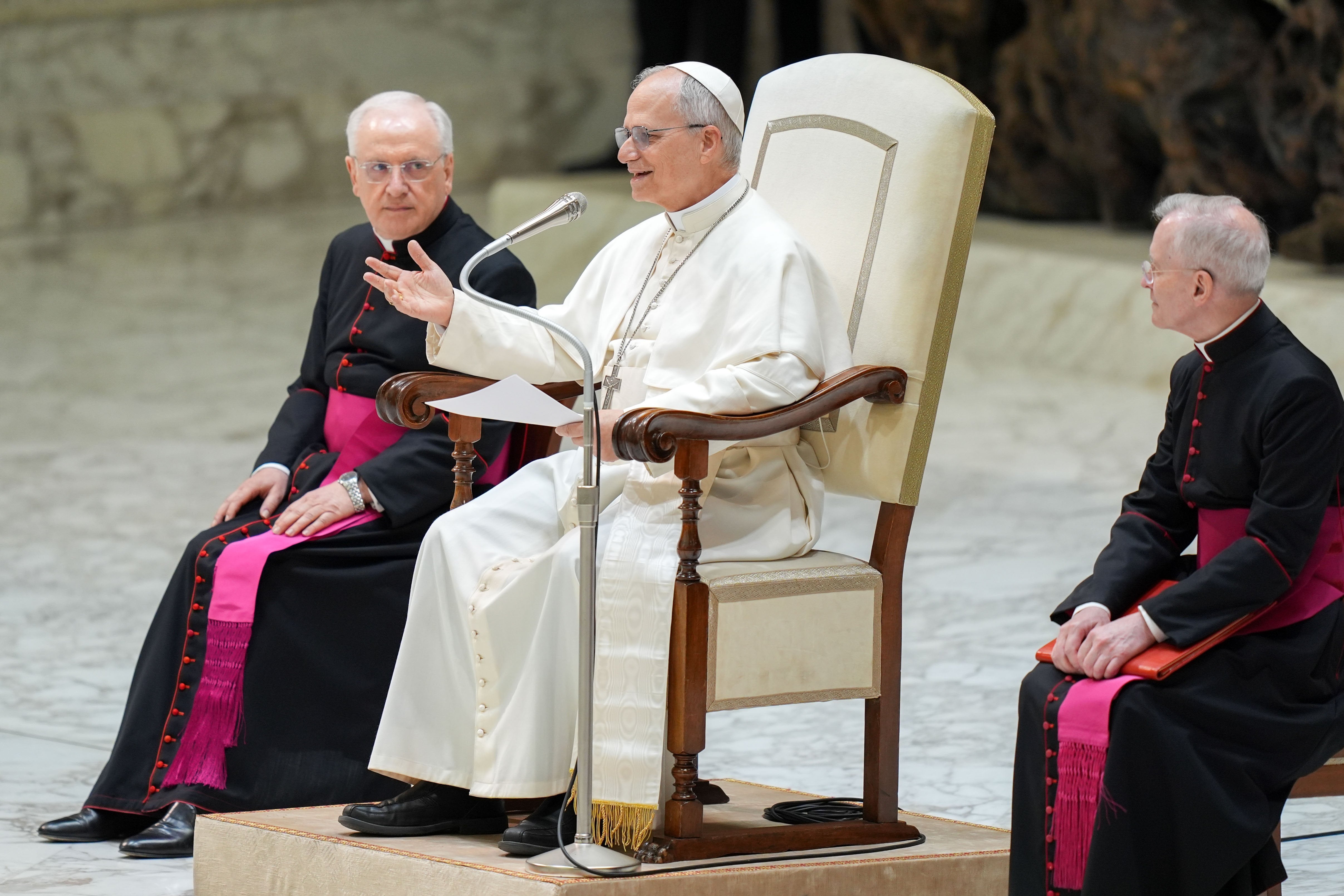 Pope Leo XIV speaks to media professionals