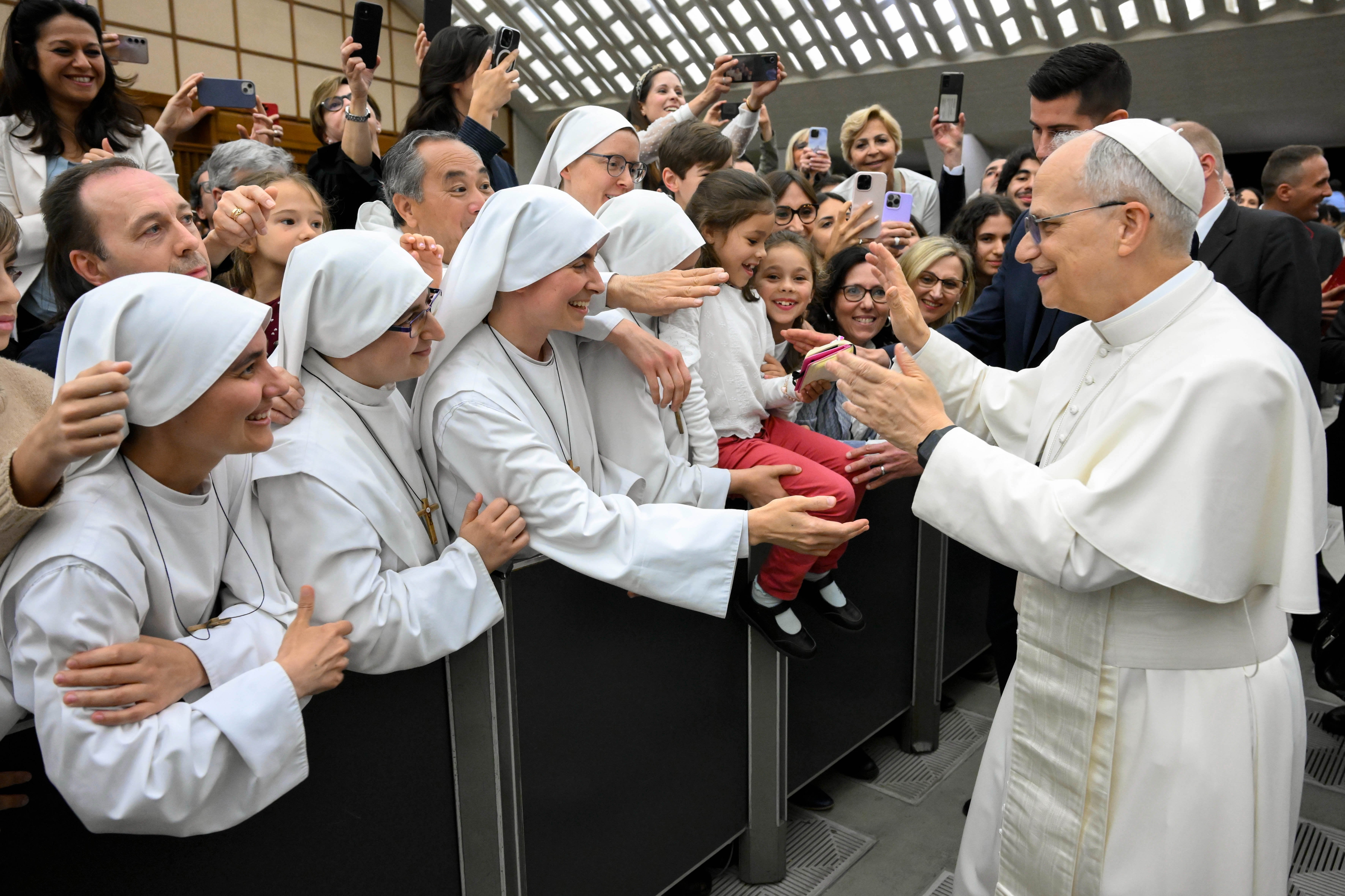 Pope Leo XIV greets religious sisters