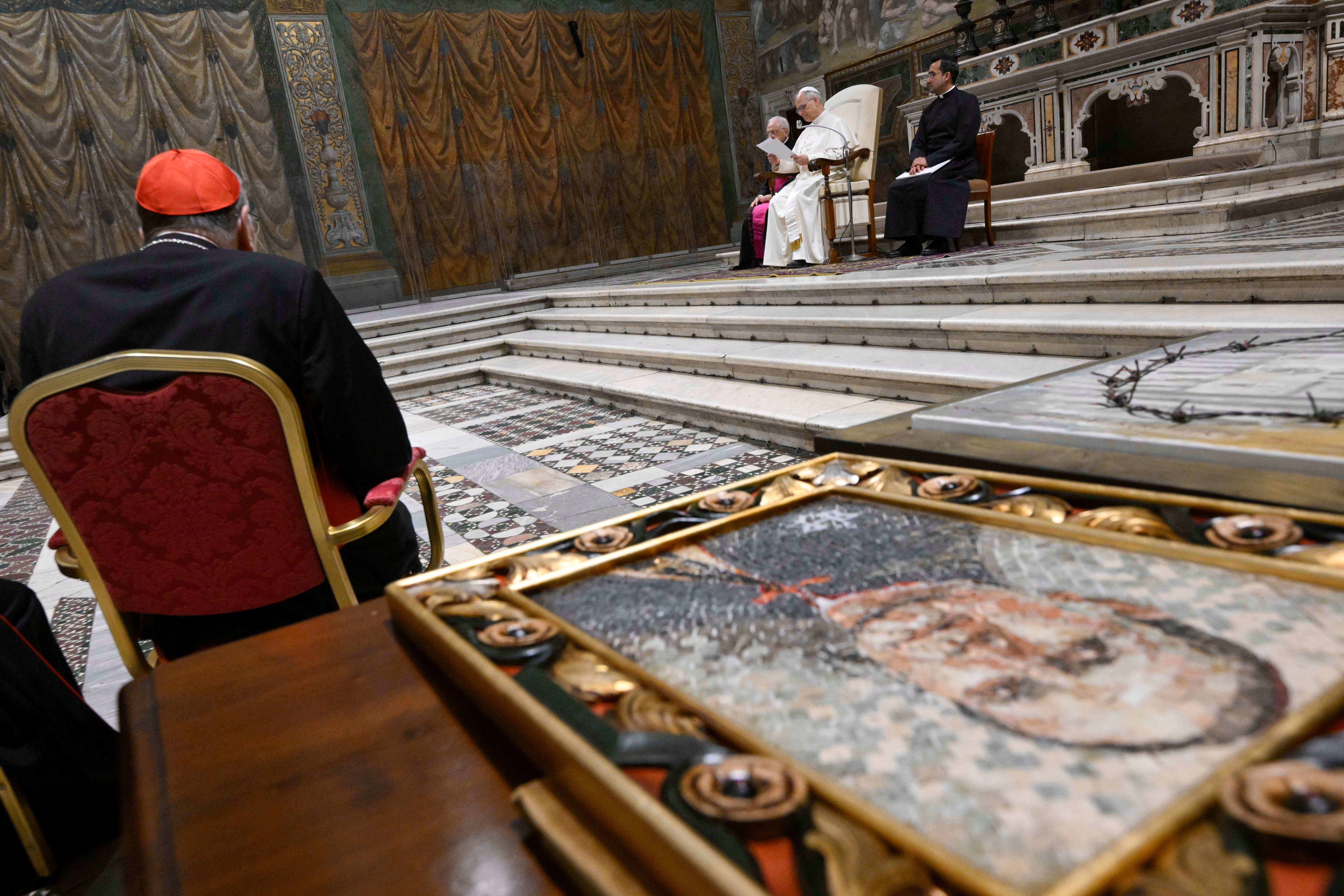 A portrait of Blessed Iuliu Hossu is seen as Pope Leo XIV pays tribute to him