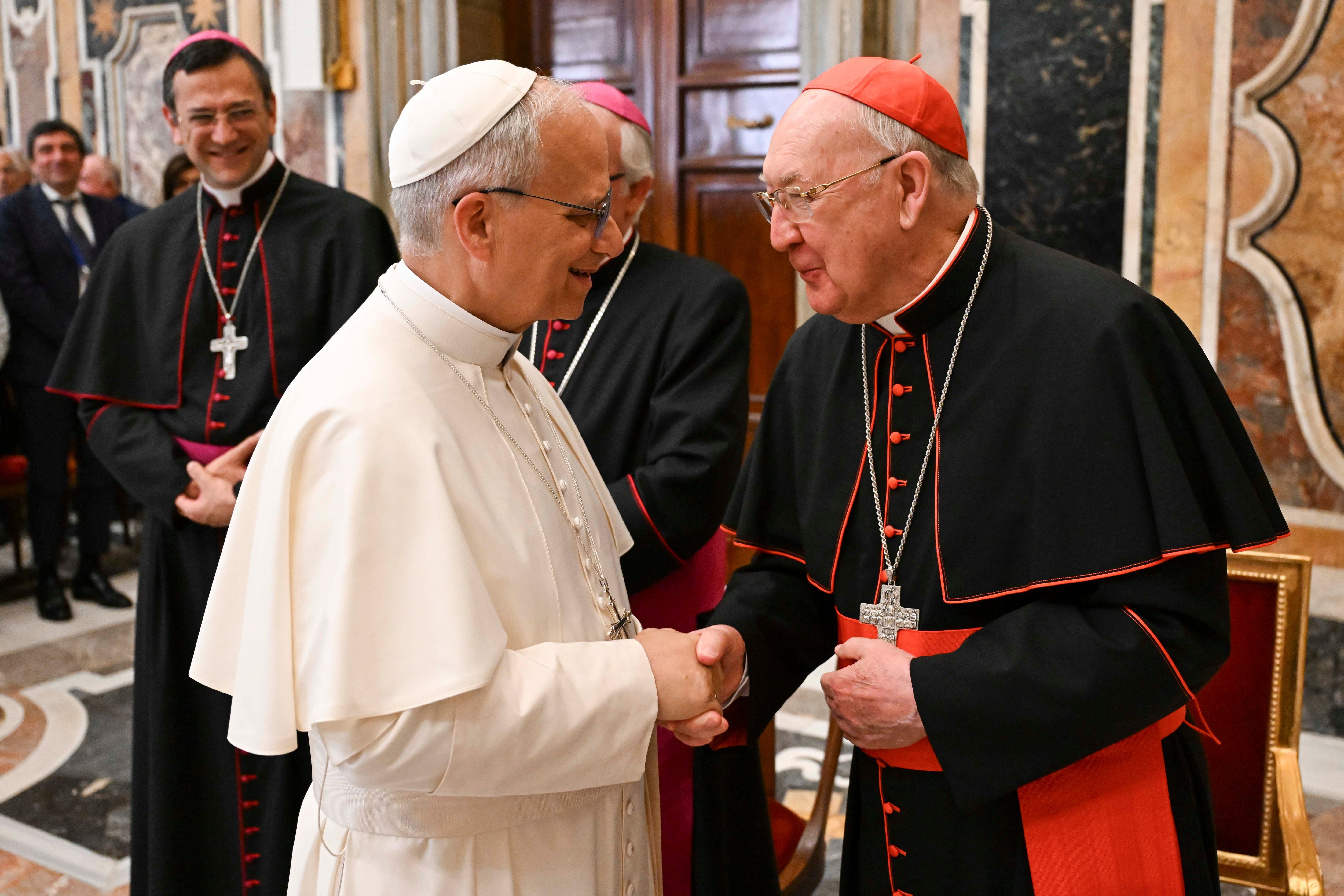 Pope Leo XIV greets Cardinal Kevin Farrell