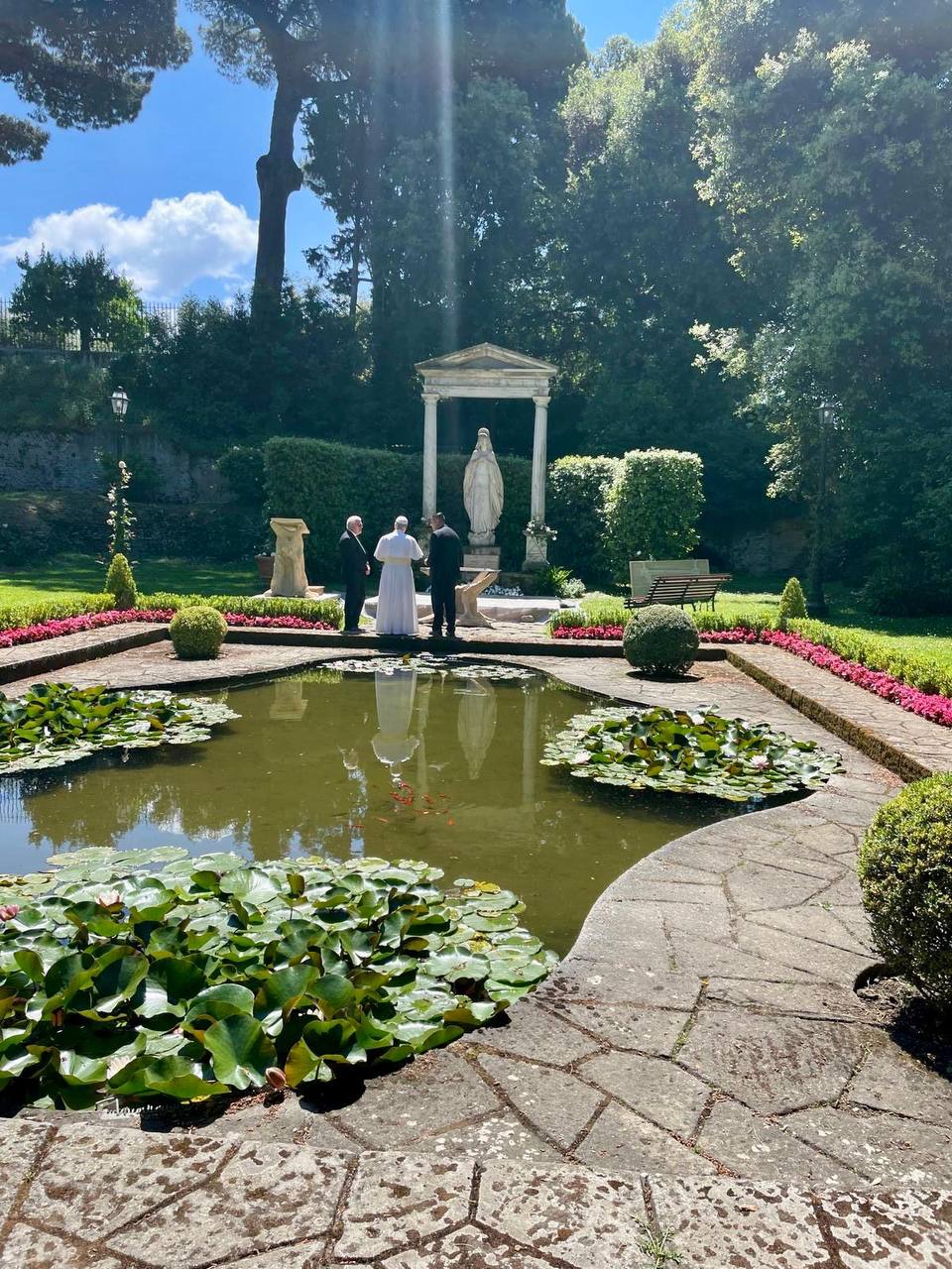 Pope Leo visiting the gardens at Castel Gandolfo in May