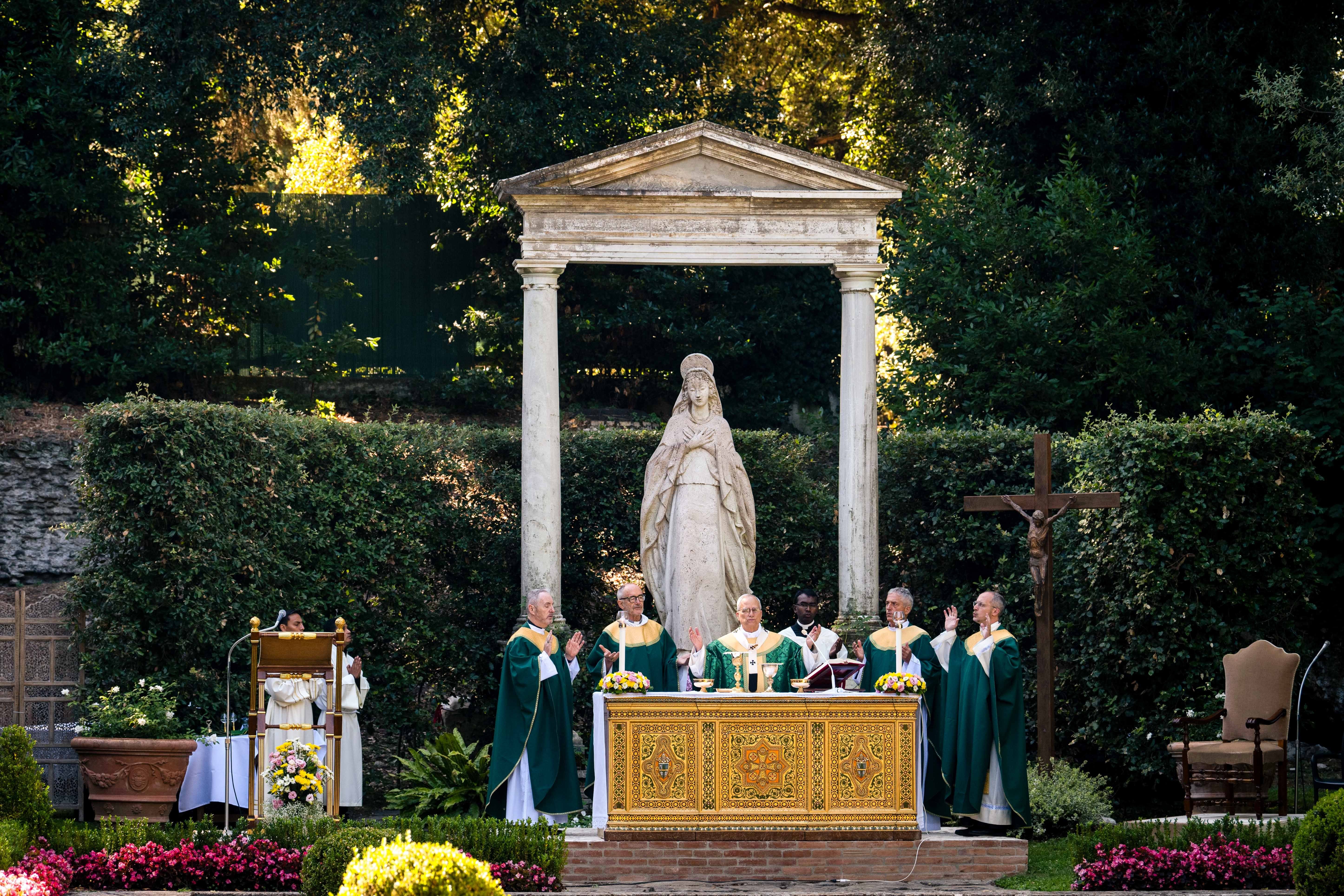 Pope Leo XIV celebrates Mass for the Care of Creation on the grounds of the Borgo Laudato Si' ecology center in Castel Gandolfo, Italy.