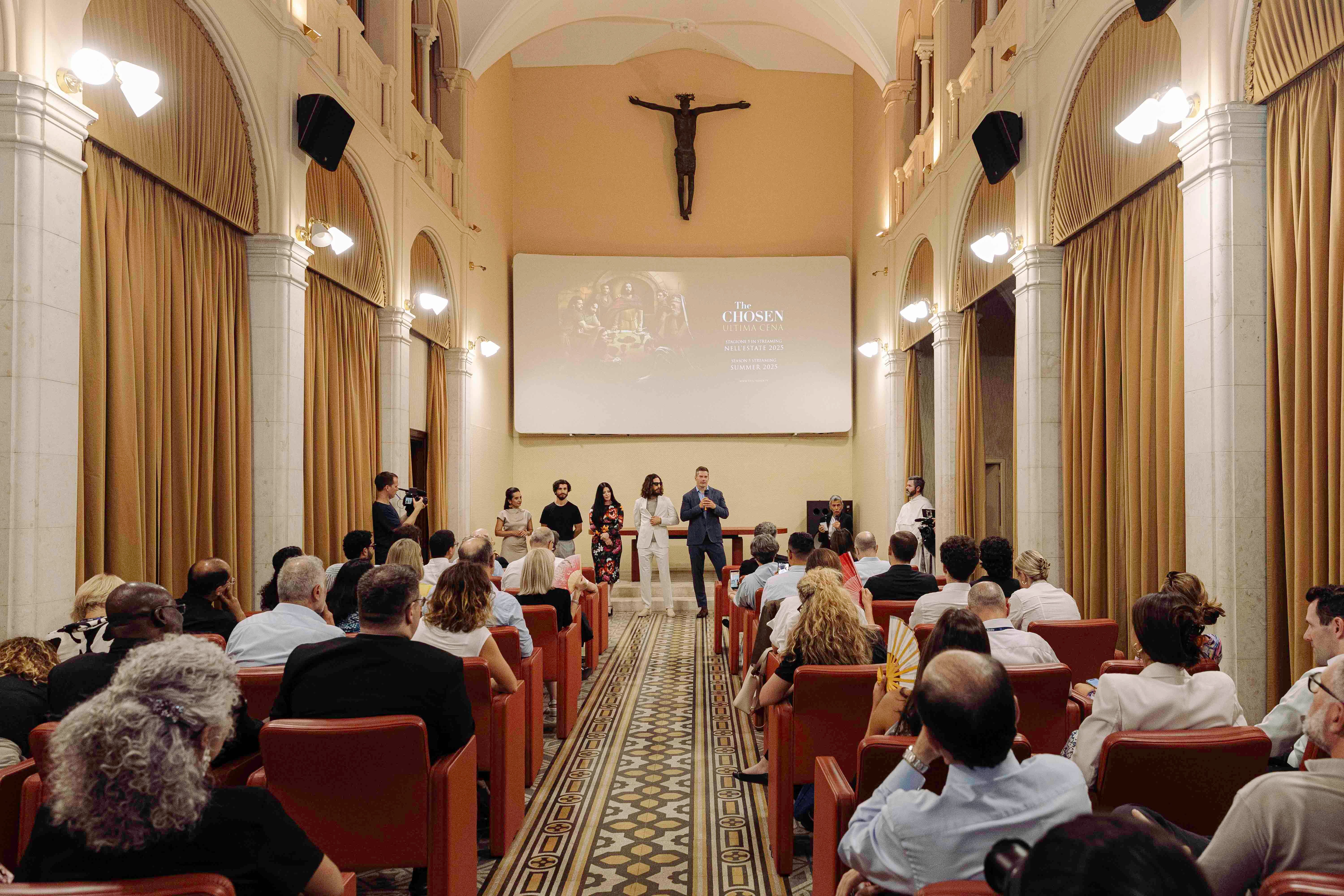 Members of the cast and crew of the series, "The Chosen," attend a special screening of an episode from Season 5 at the Vatican's film theater.