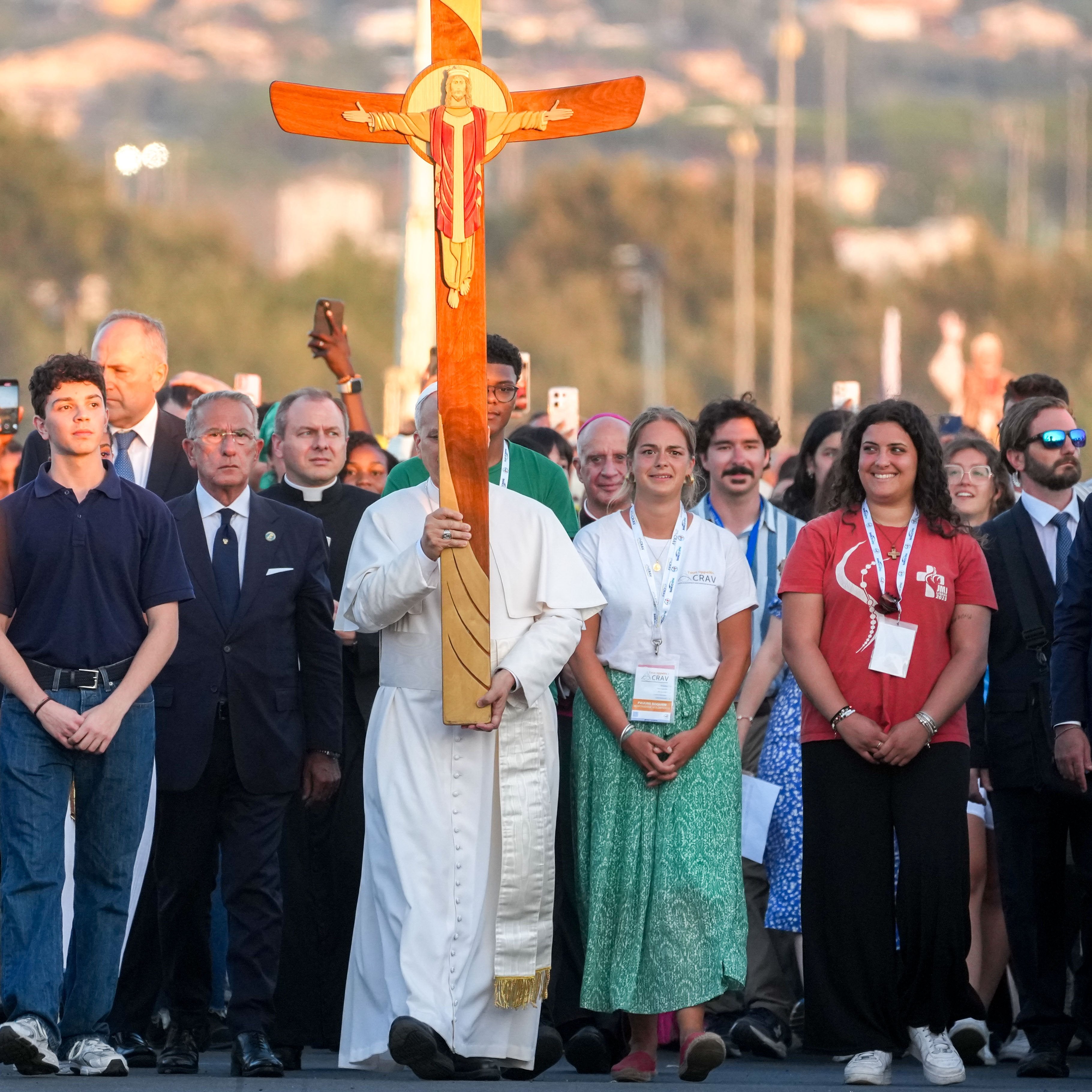 Pope Leo XIV carries the cross at the Jubilee of Youth