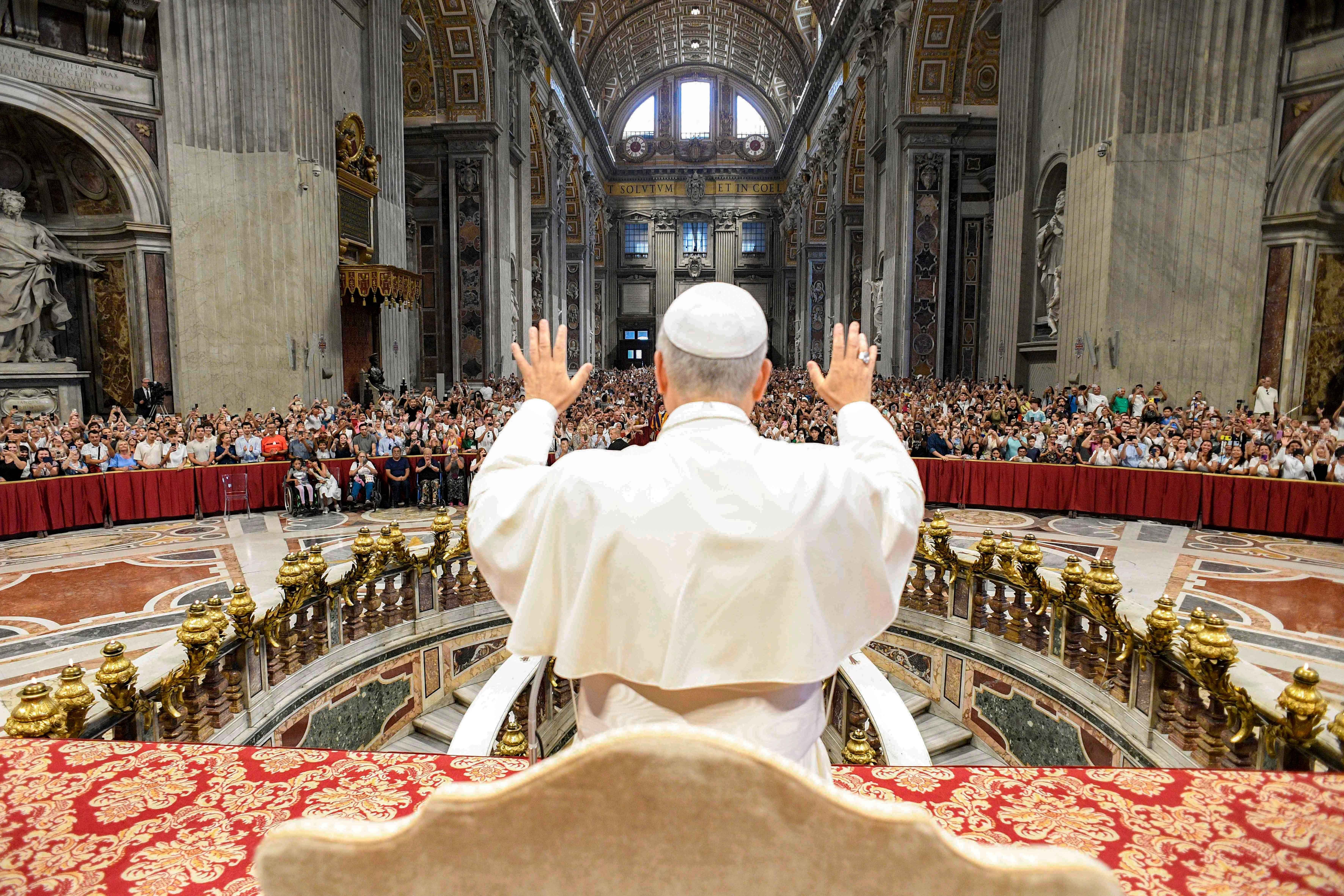Pope Leo greets visitors in St. Peter's Basilica