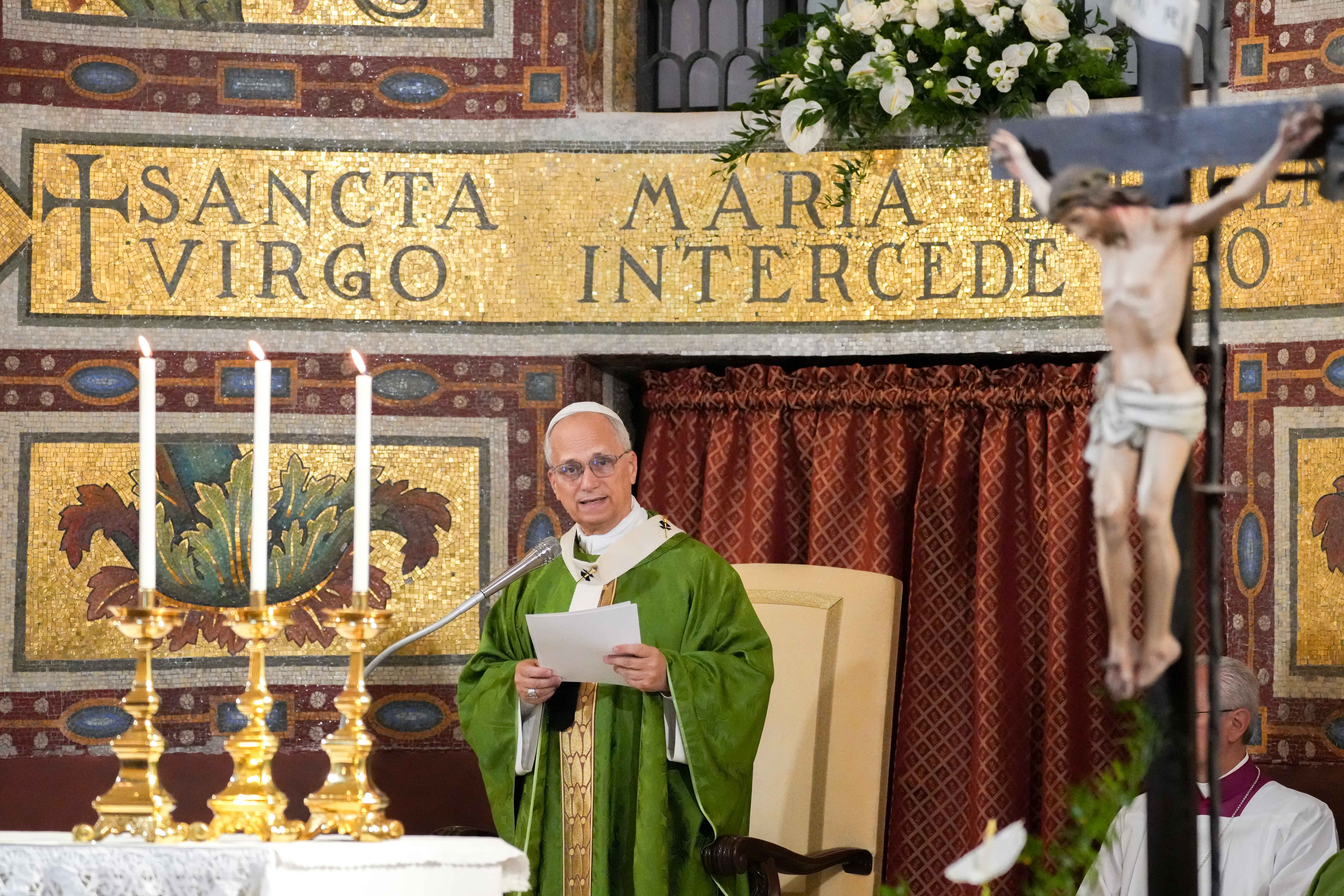 Pope Leo XIV gives his homily during Mass in Albano Laziale