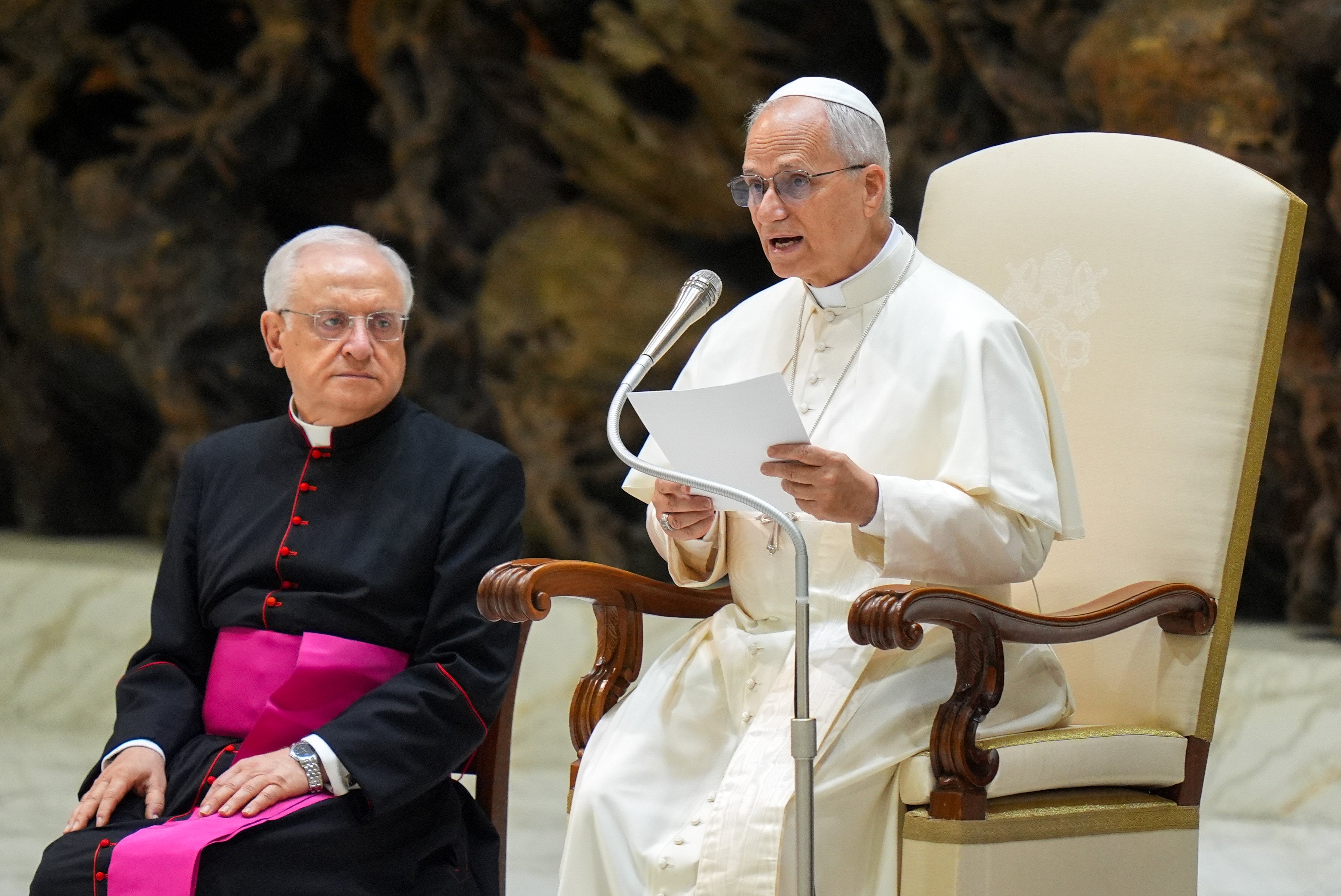 Pope Leo XIV speaks at his general audience Aug. 20