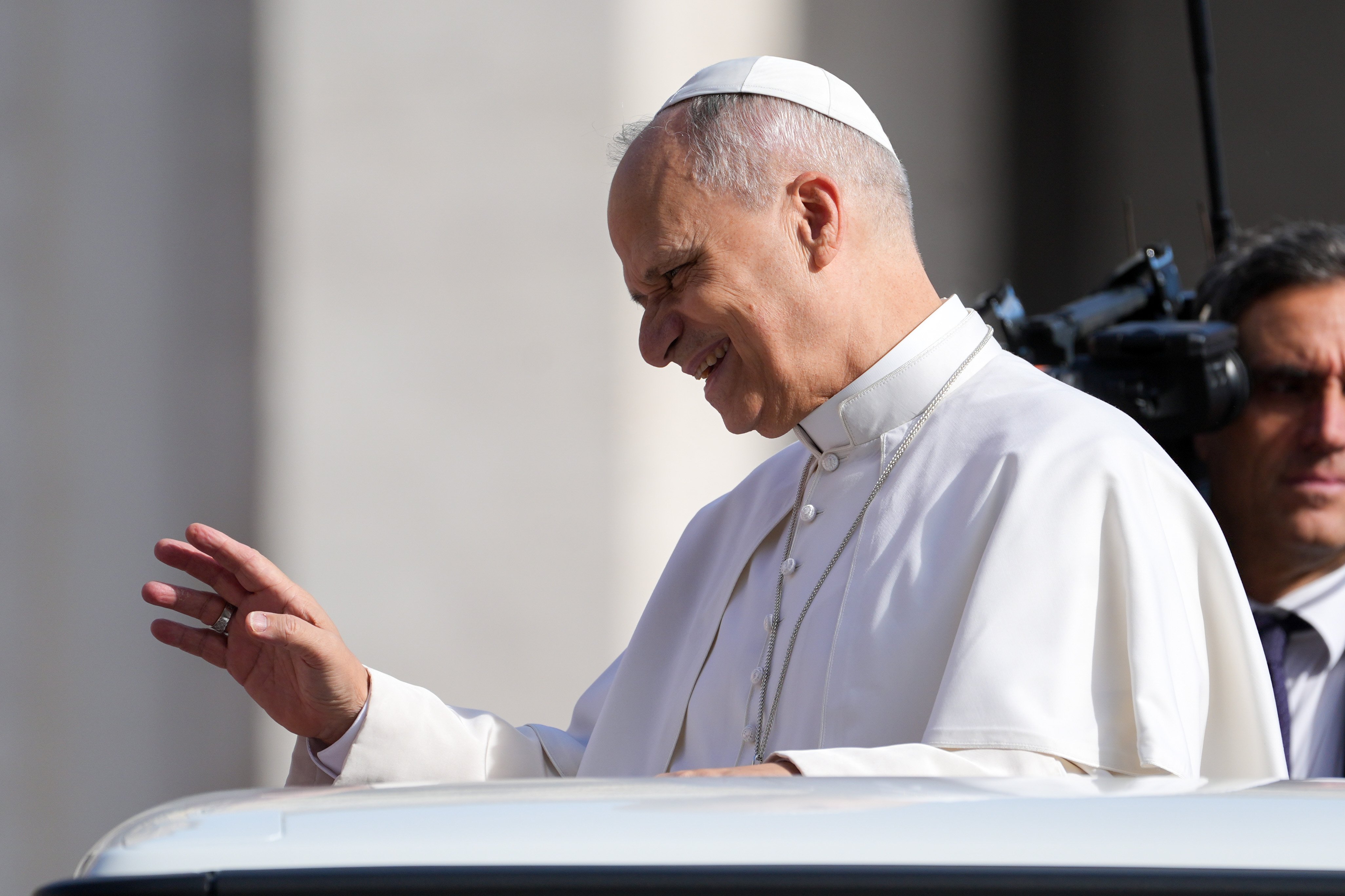 Pope Leo XIV greets visitors at his general audience