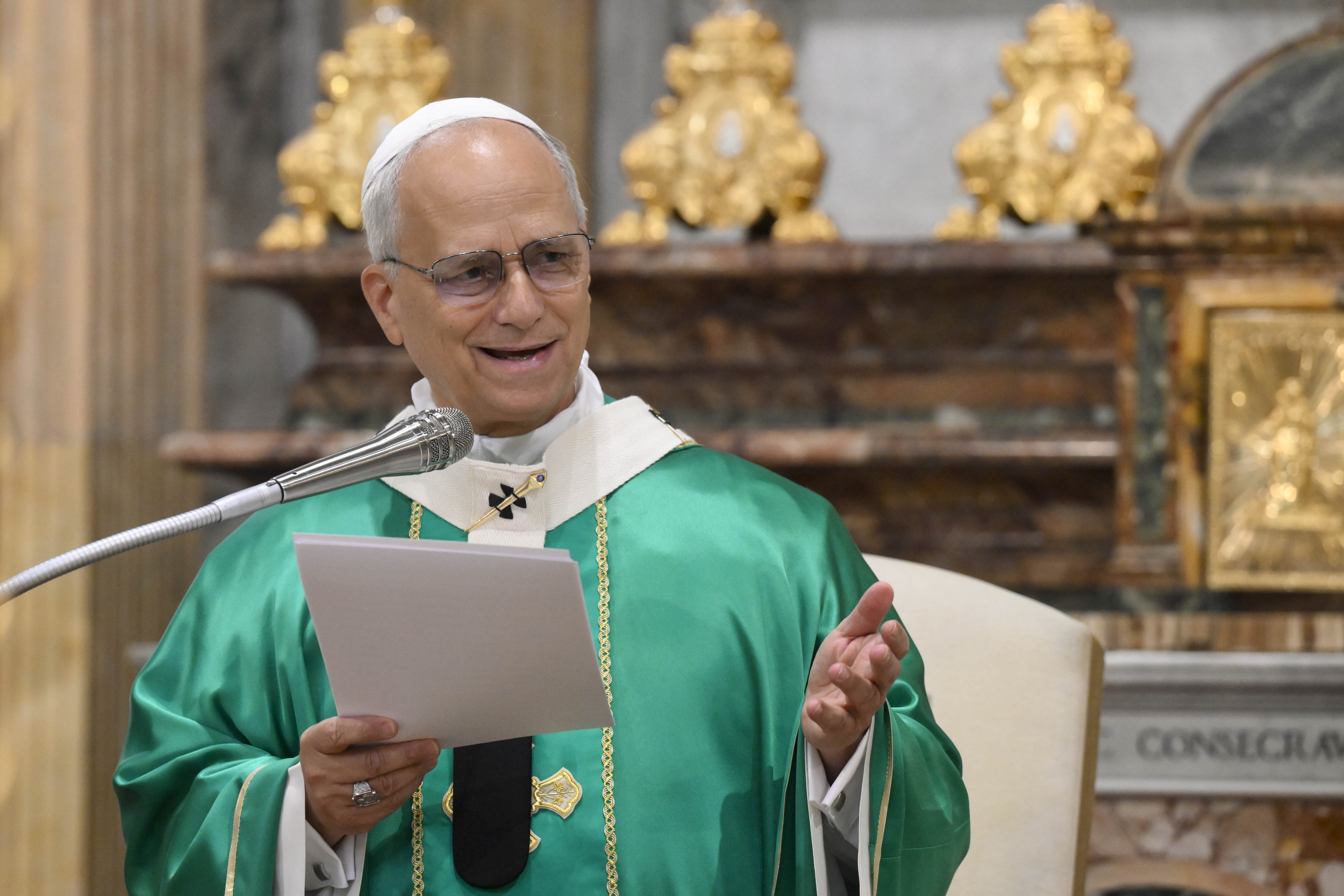 Pope Leo gives his homily in the Church of St. Anne