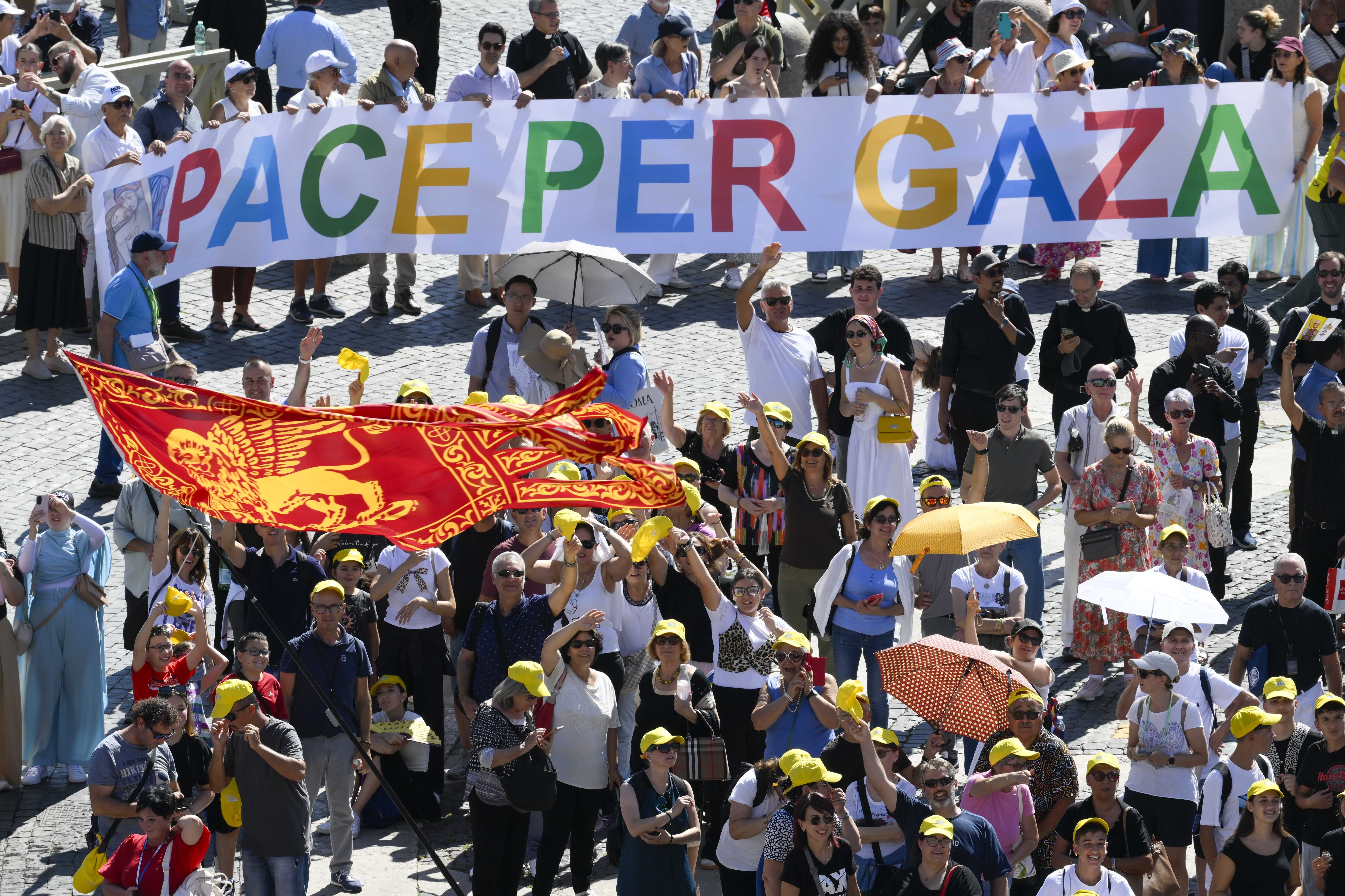 A banner, "Peace for Gaza," in St. Peter's Square