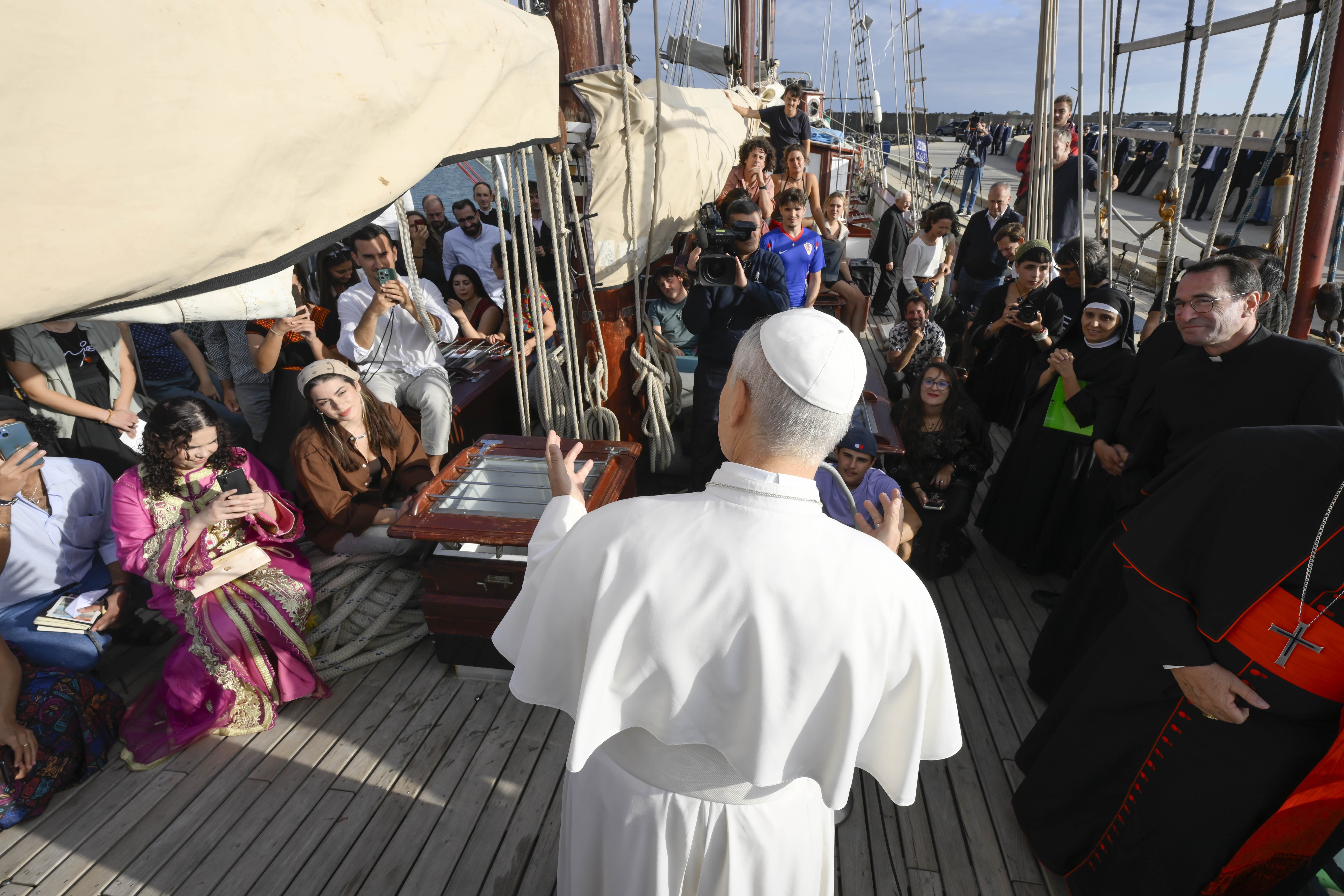 Pope Leo speaks to young adults aboard the Bel Espoir