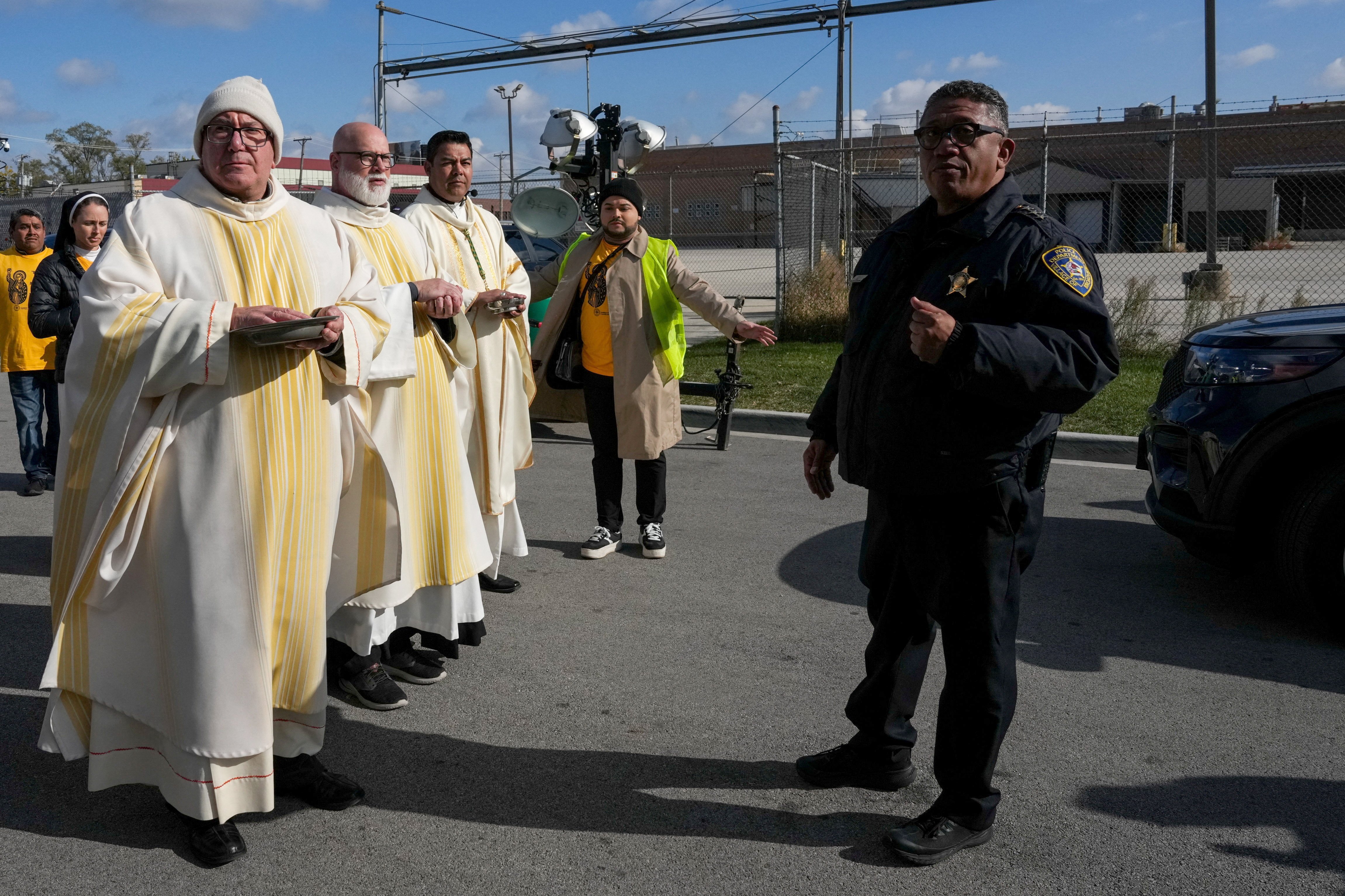 Clergy outside the migrant detention facility in Chicago