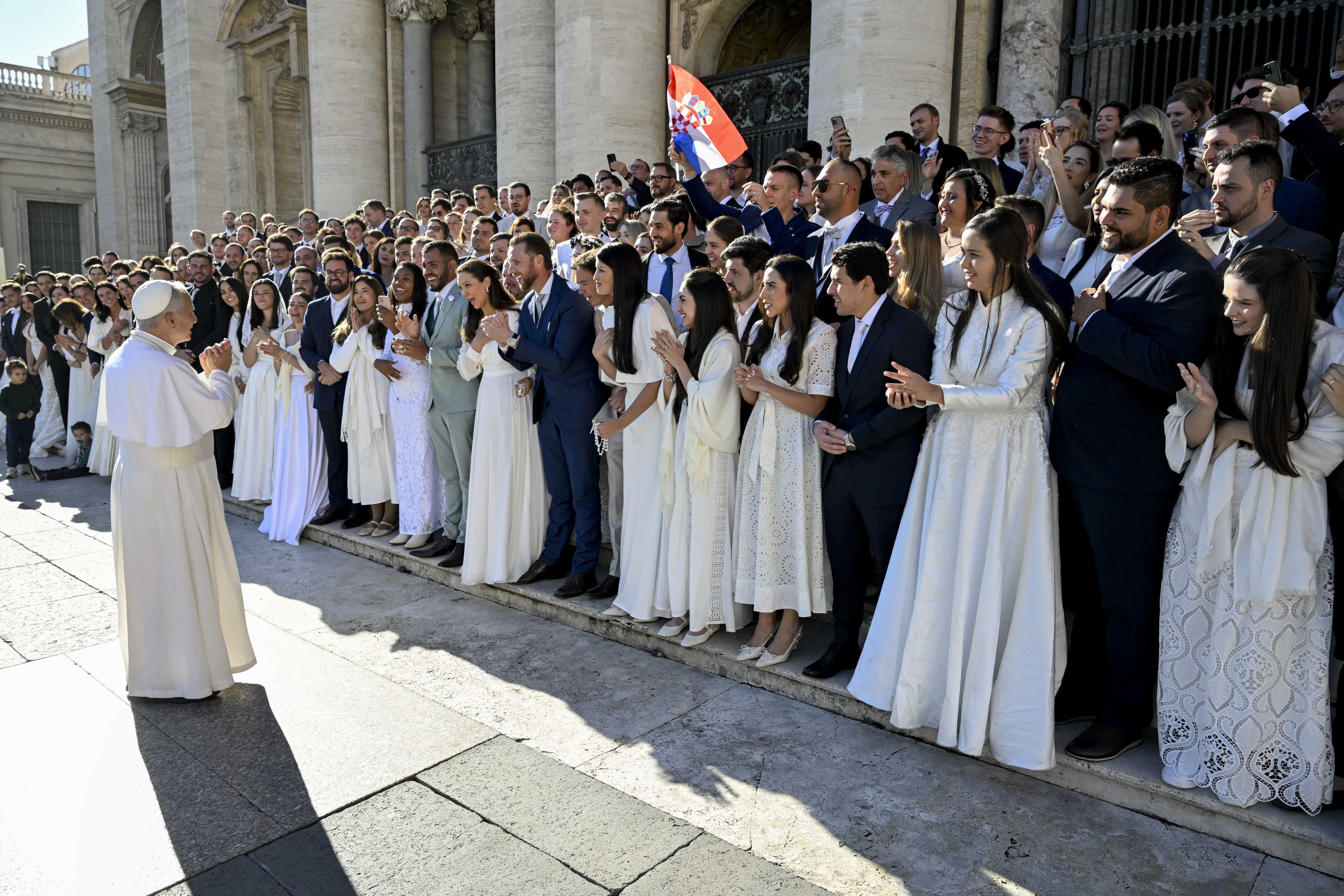 Pope Leo greets newlywed couples