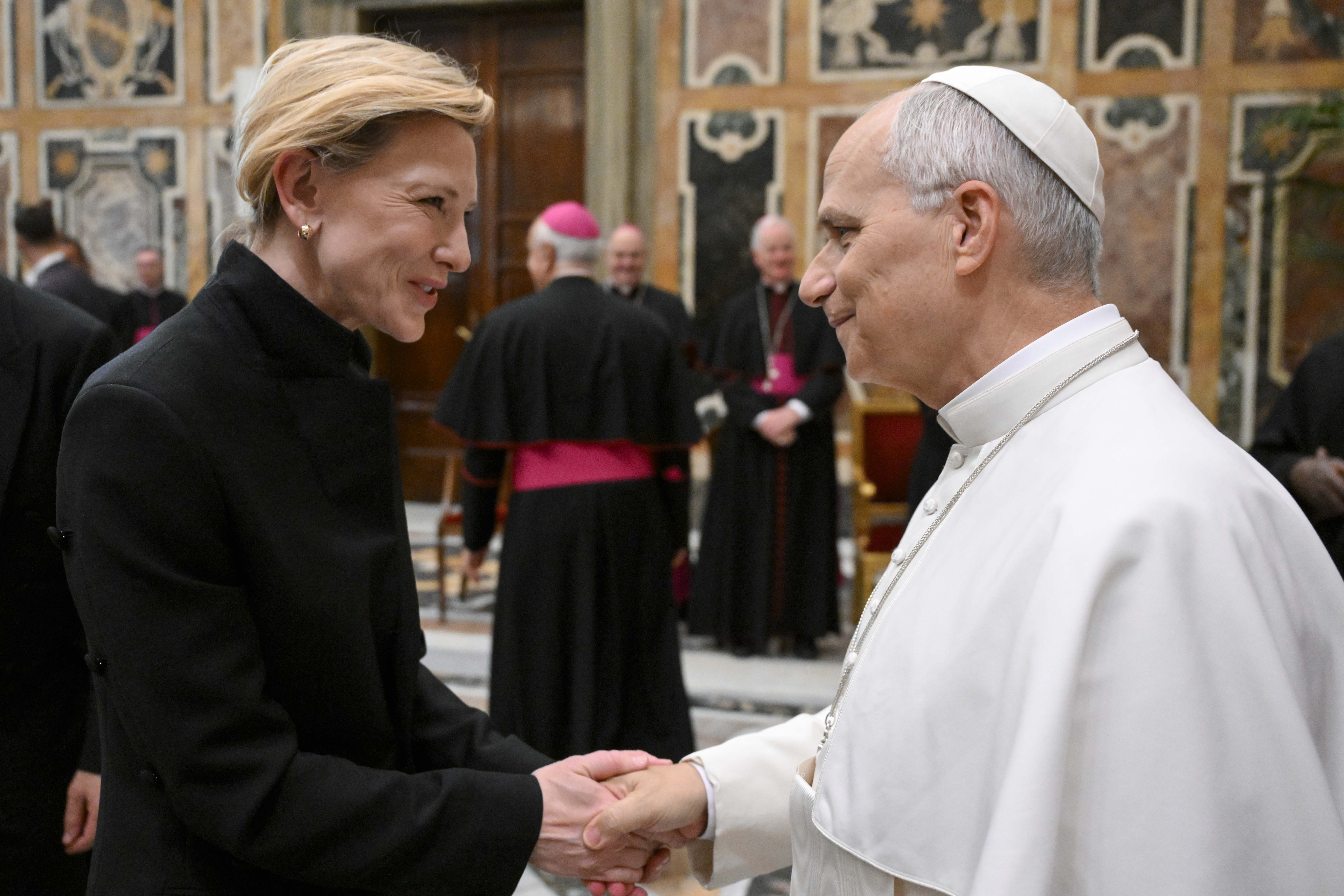 Pope Leo shakes hands with actor Cate Blanchett