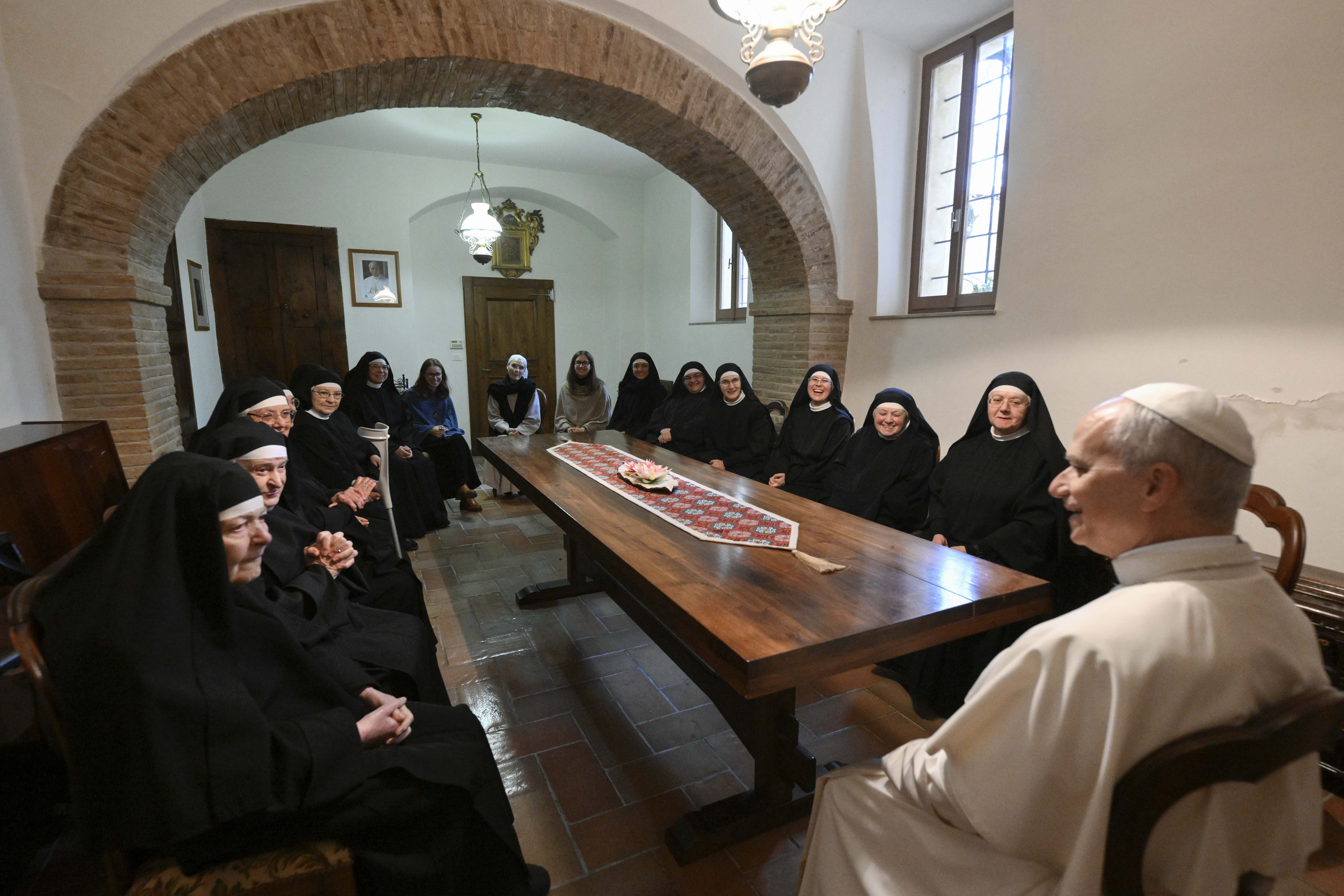Pope Leo with Augustinian nuns in Montefalco, Italy