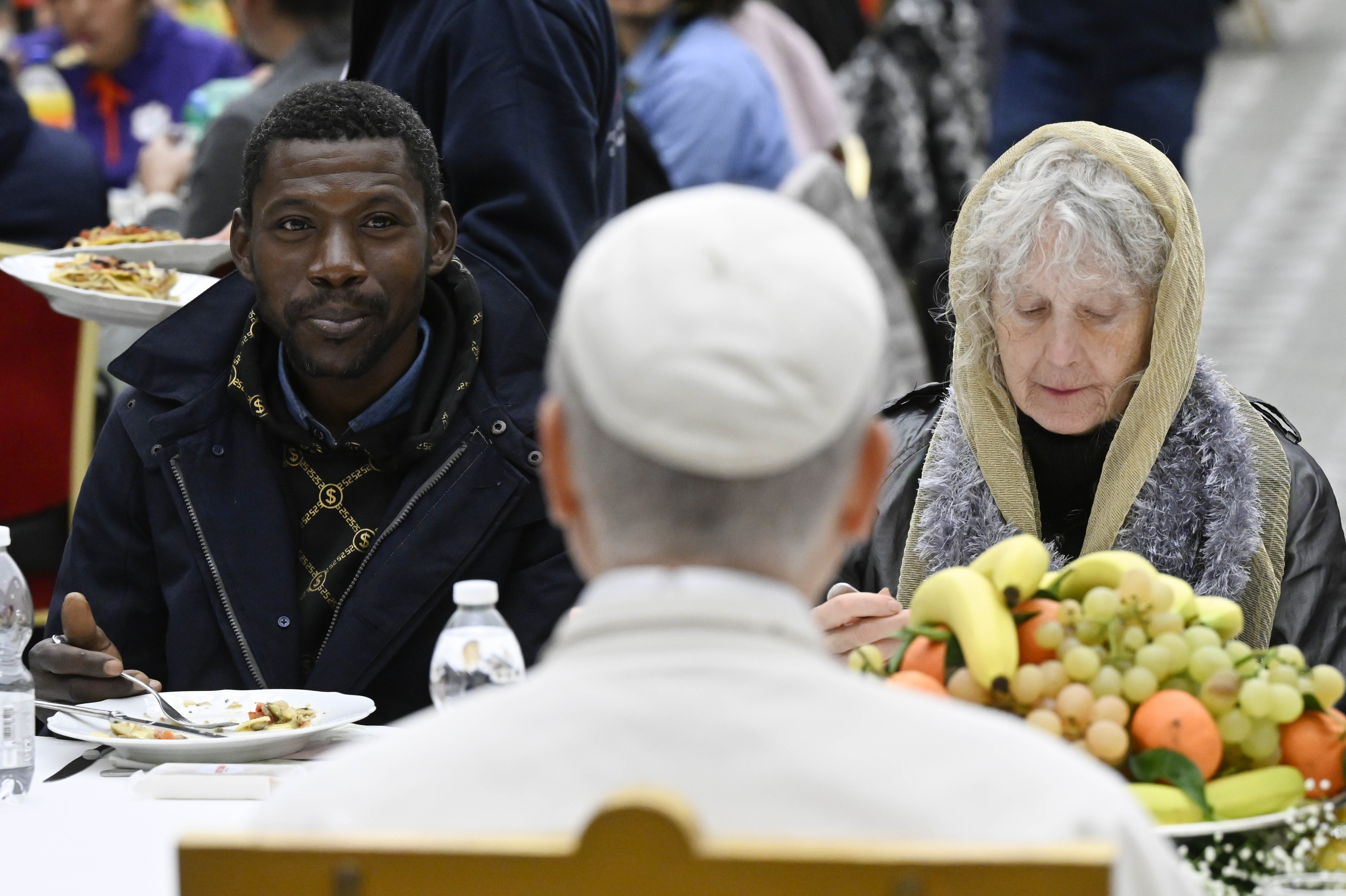 Pope Leo eats lunch with participants in the Jubilee of the Poor