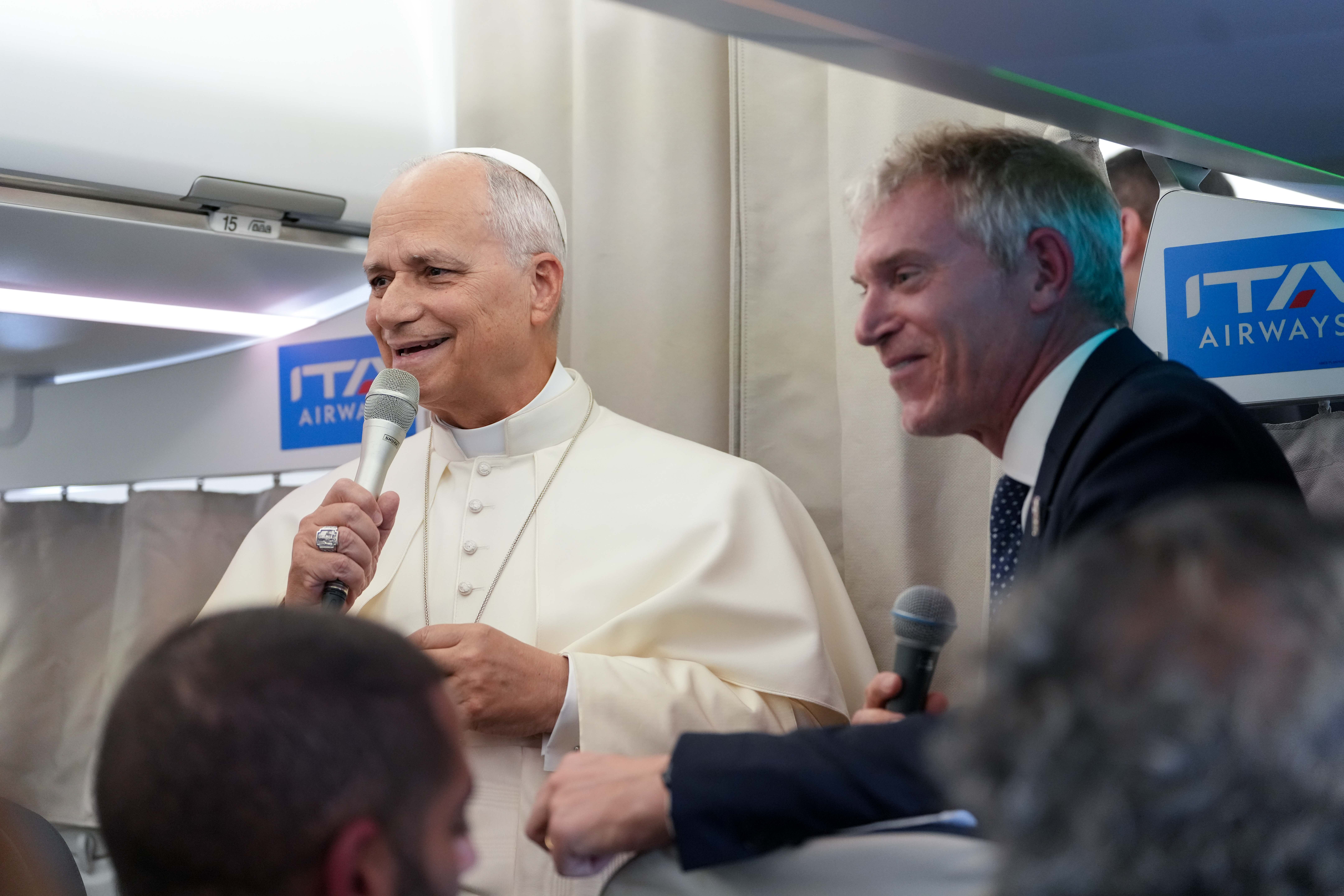 Pope Leo answers reporters questions on his plane