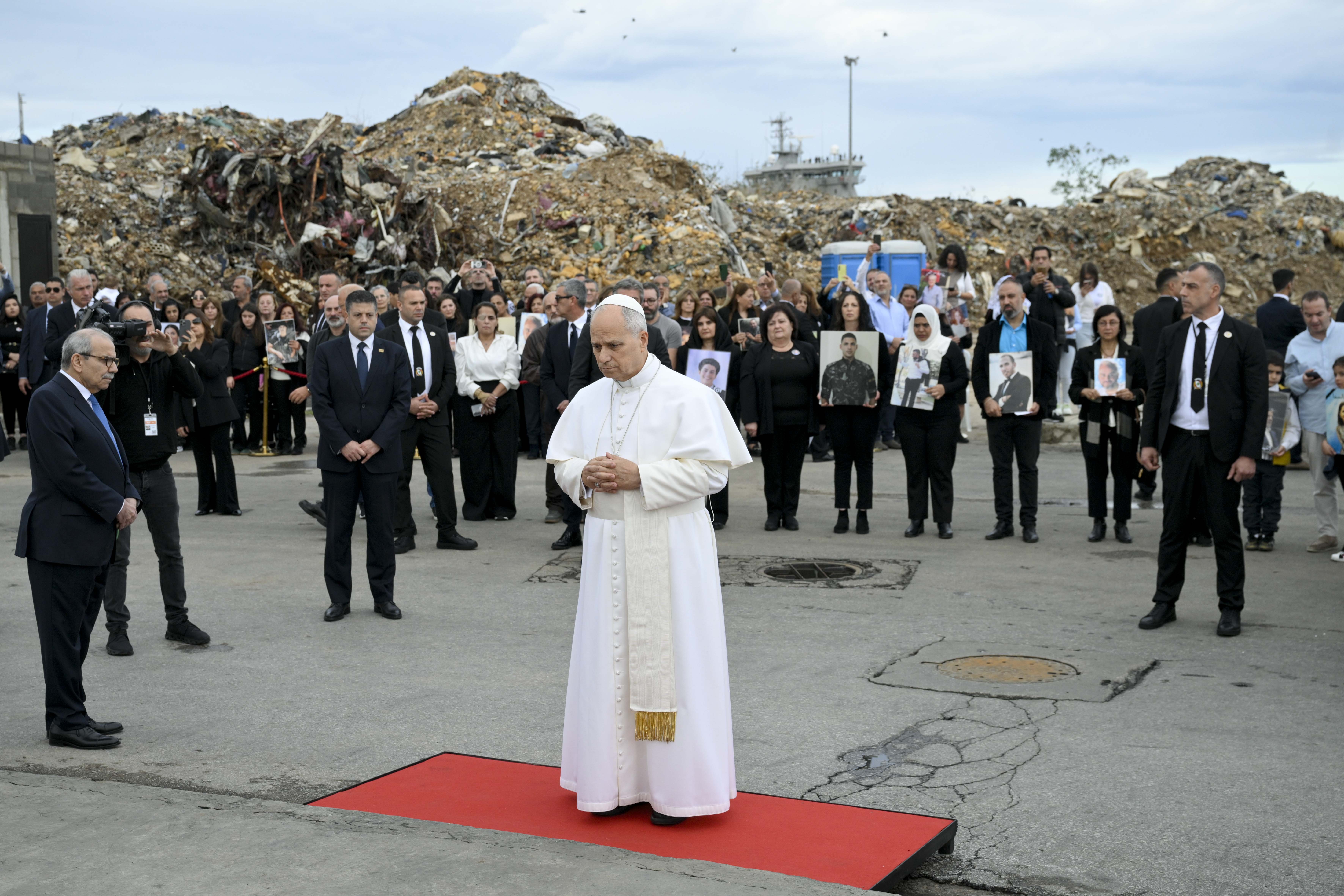 Pope Leo at the site of the Beirut port explosion