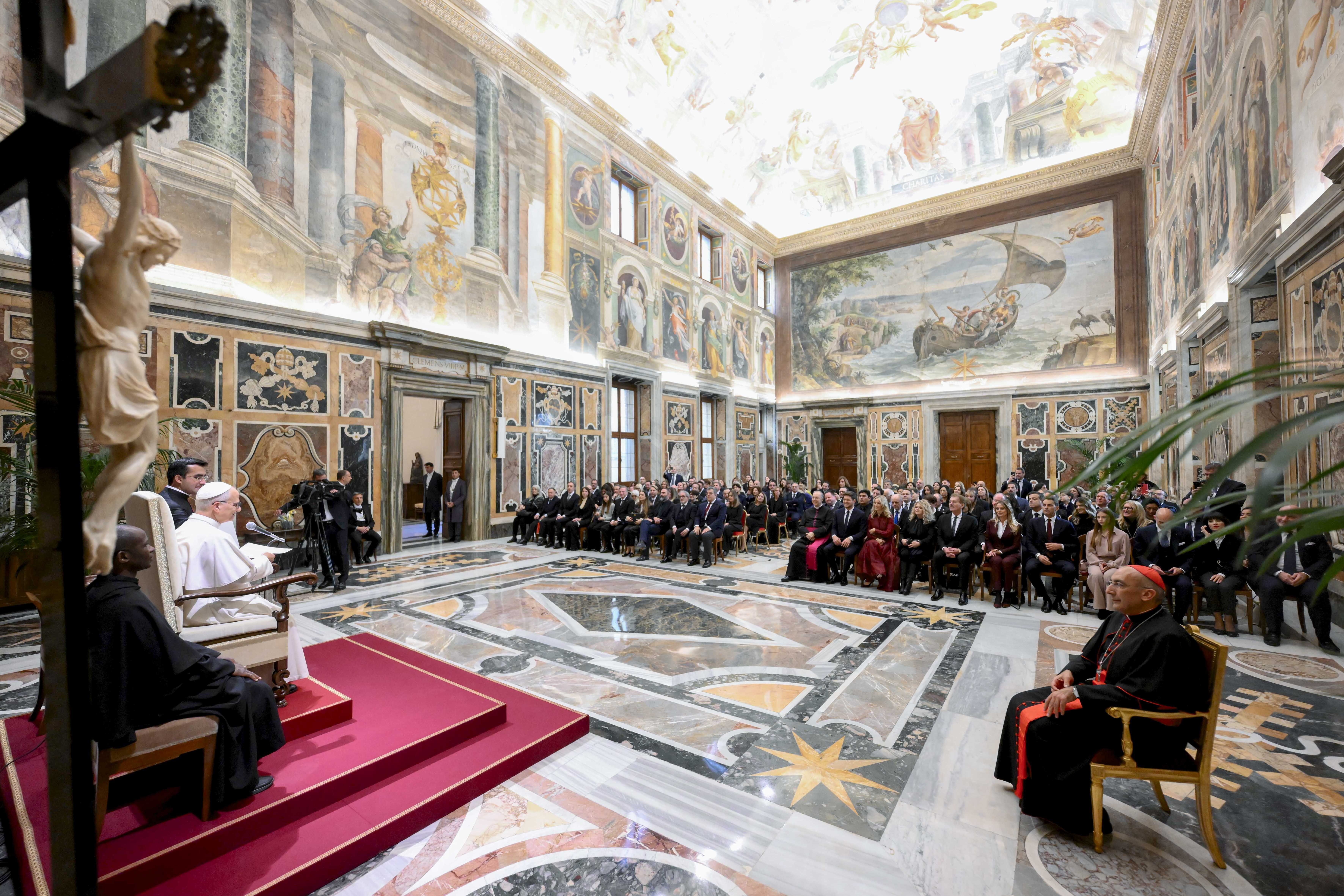 Pope Leo speaks with artists presenting Vatican Christmas concert
