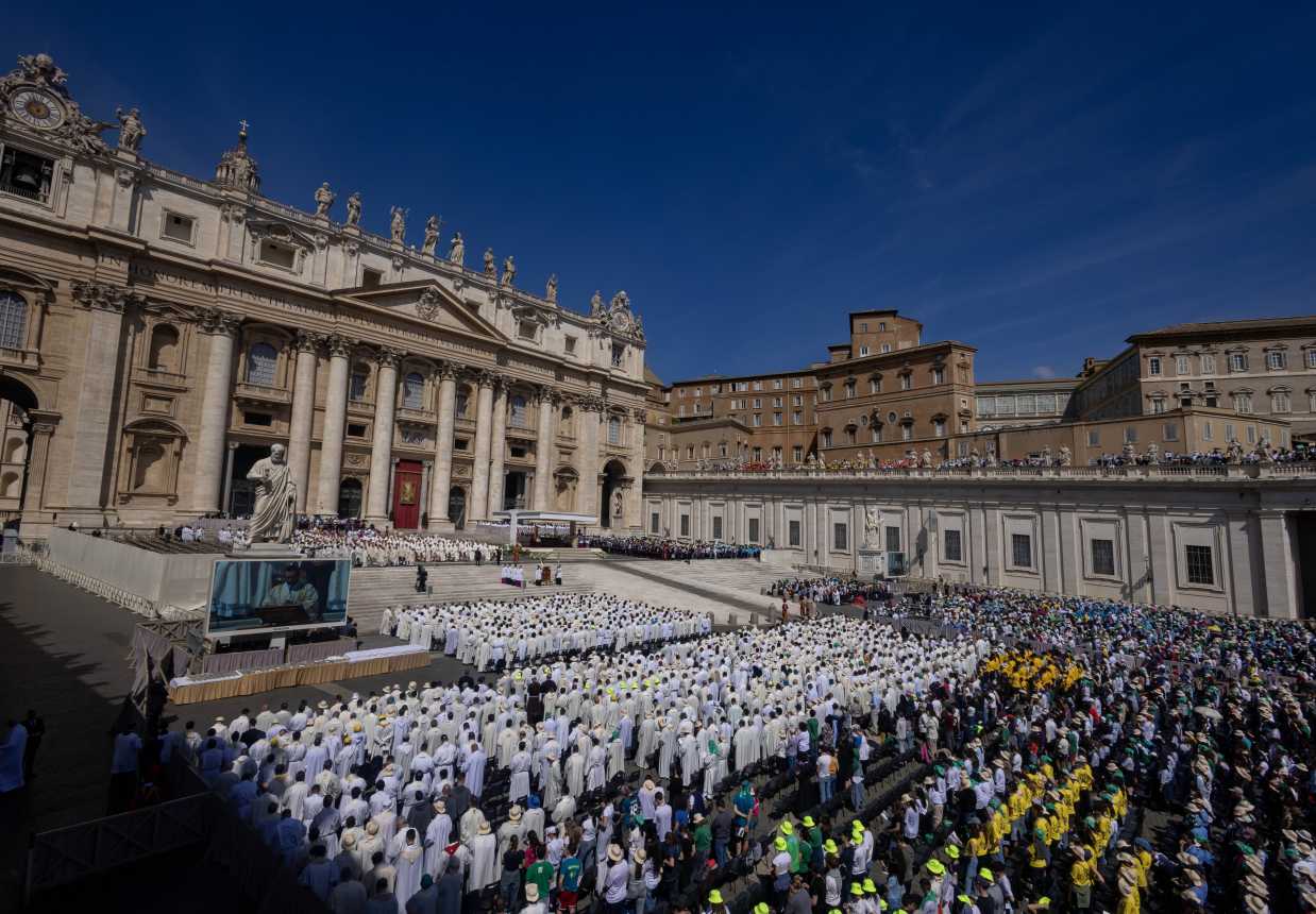 Cardinal Pietro Parolin, former Vatican secretary of state, celebrates Mass on the second day of the "novendiali" -- nine days of mourning for Pope Francis marked by Masses -- in St. Peter's Square.