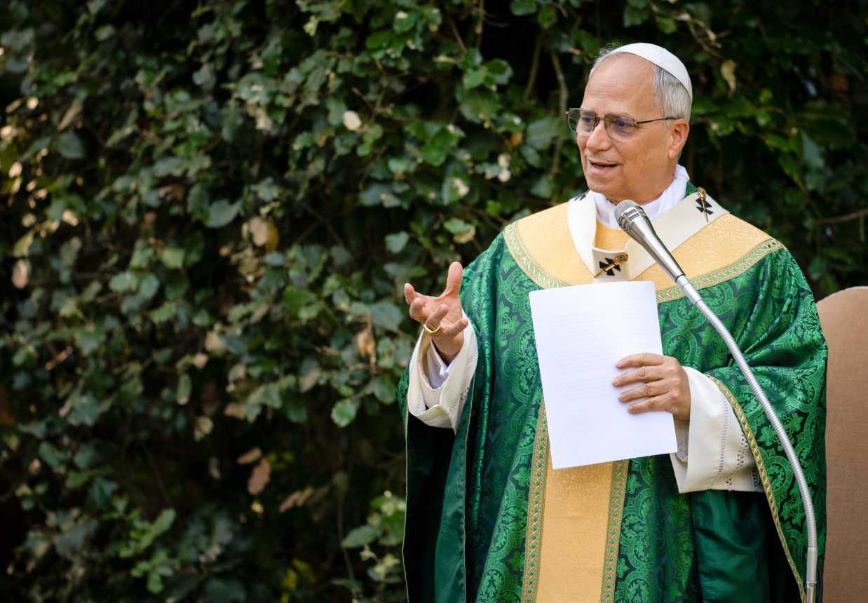 Pope Leo XIV celebrates Mass for the Care of Creation on the grounds of the Borgo Laudato Si’ ecology center in Castel Gandolfo, Italy.
