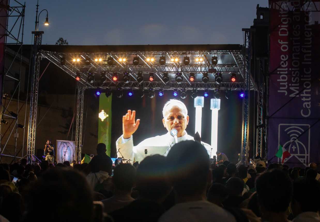 Pope Leo XIV is seen on a video screen