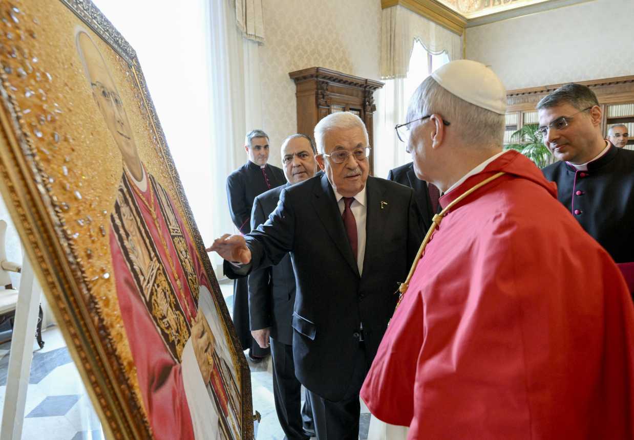 Pope Leo XIV with a gift from President Mahmoud Abbas