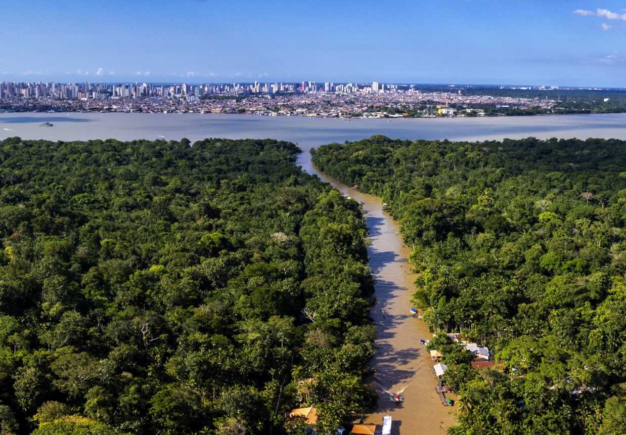 A drone view of Belem, Brazil, across the river
