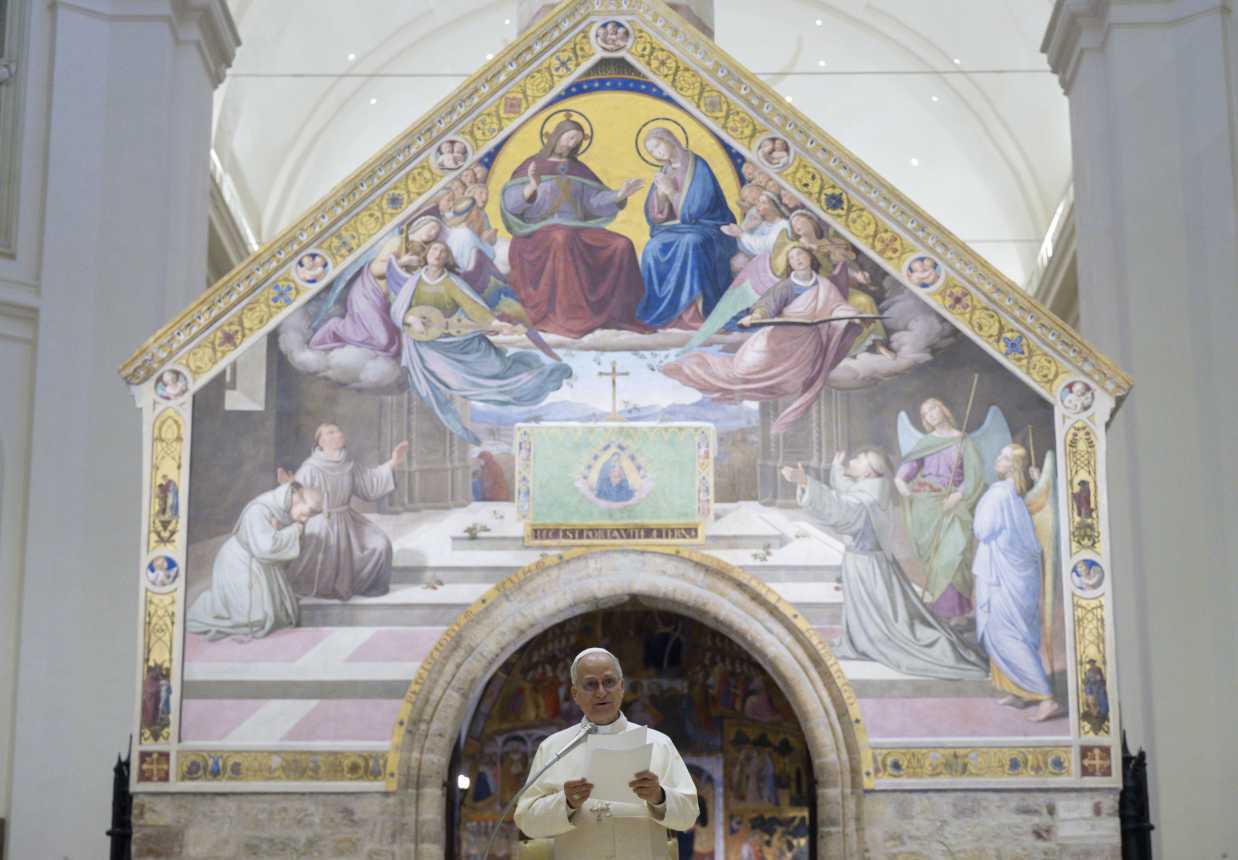 Pope Leo in front of the Porziuncola in Assisi