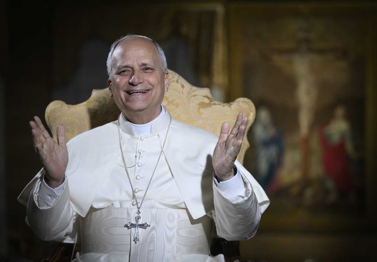 Pope Leo reacts during livestream meeting with U.S. teens