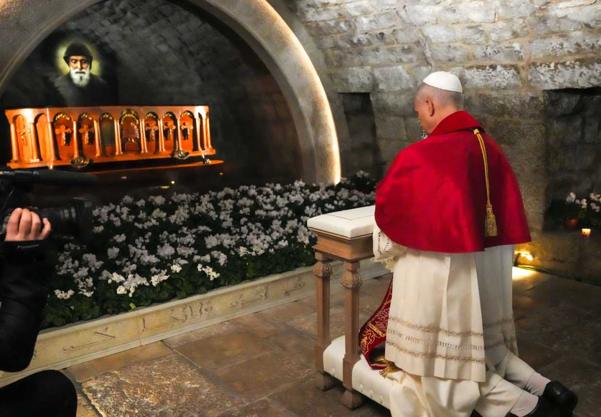 Pope Leo prays at the tomb of St. Charbel