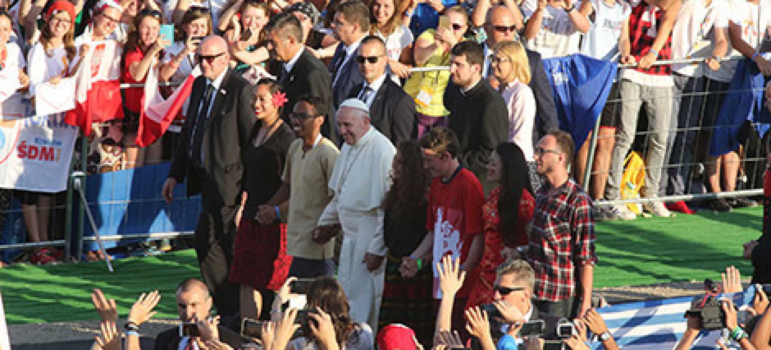 Pope Francis arrives for a July 30 prayer vigil with World Youth Day pilgrims at the Field of Mercy in Krakow, Poland. (CNS photo/Bob Roller)