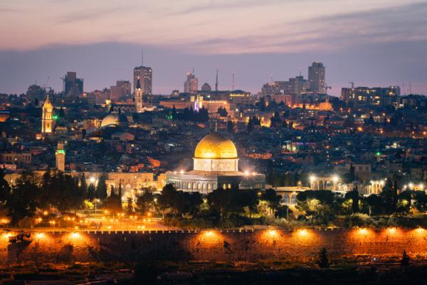 Jerusalem skyline in the evening viewing the dome of the rock