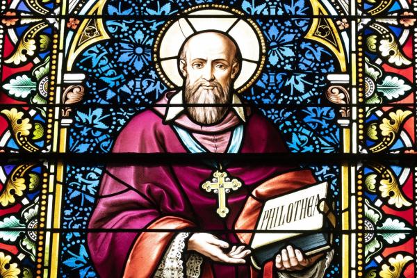 Stained glass window featuring St. Francis de Sales