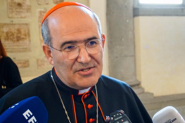 Cardinal José Tolentino de Mendonça speaks to reporters.