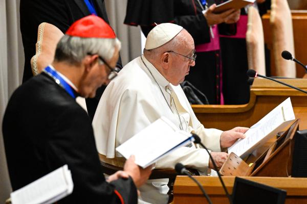 Pope Francis and Cardinal Matteo Zuppi meet with Italian bishops at the Vatican.