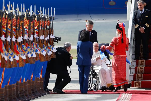 Pope Francis arrives in Mongolia.