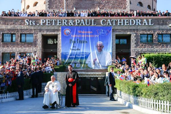 Pope Francis and Cardinal Giorgio Marengo outside Sts. Peter and Paul Cathedral in Ulaanbaatar, Mongolia.